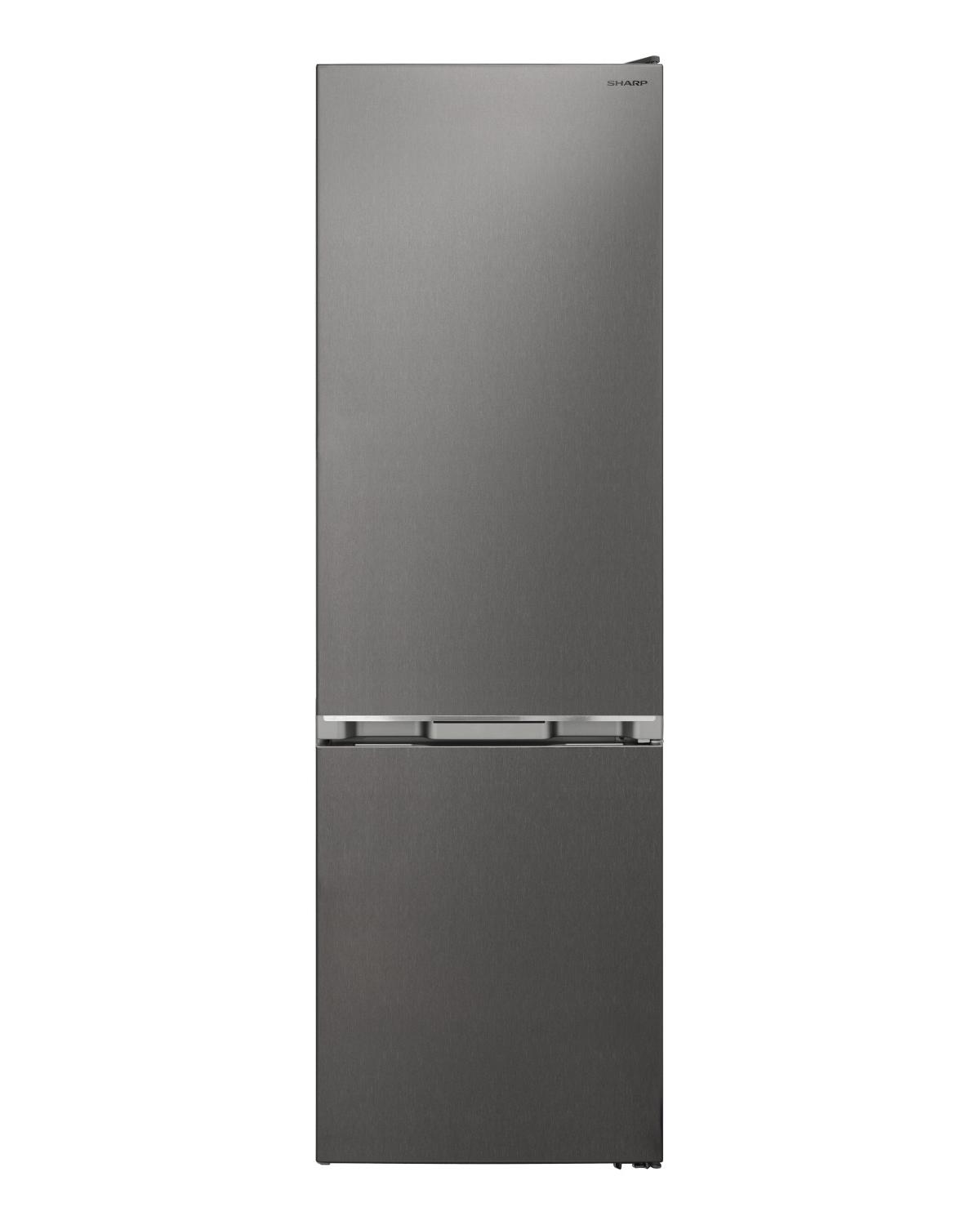 Un frigorifero Sharp grigio. È un modello con congelatore inferiore dal design elegante, su sfondo bianco.