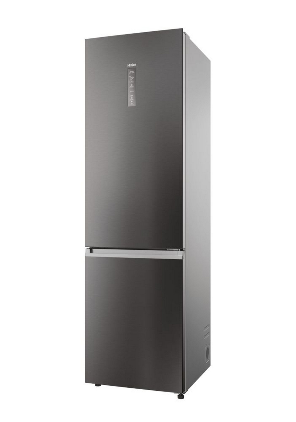 Un frigorifero moderno, grigio scuro, con congelatore inferiore e un display digitale sulla porta.