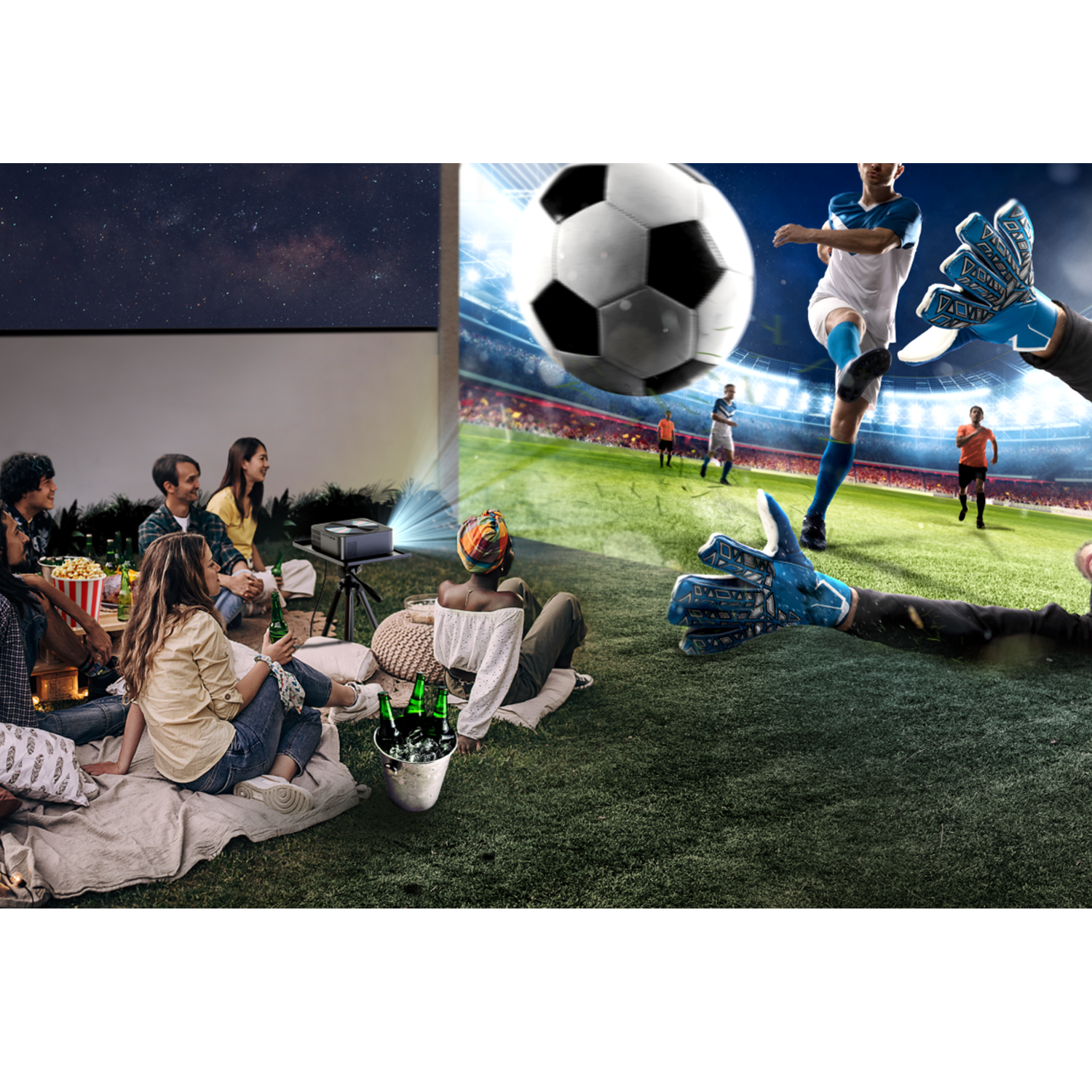 Groupe de personnes regardant un match de football projeté sur un mur. Environnement mixte.
