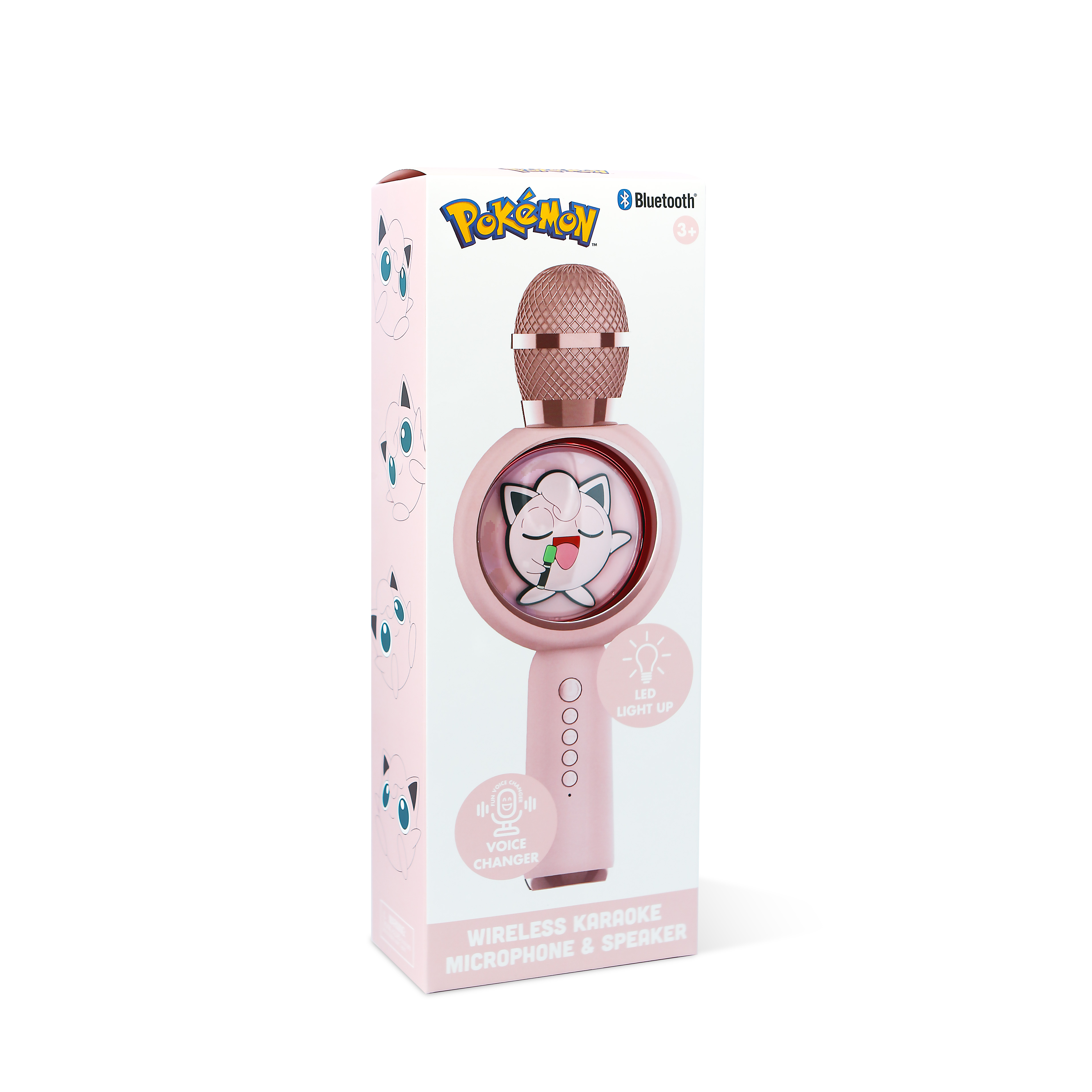 A pink Pokemon karaoke microphone in a box, with the Pokemon logo and images on it.