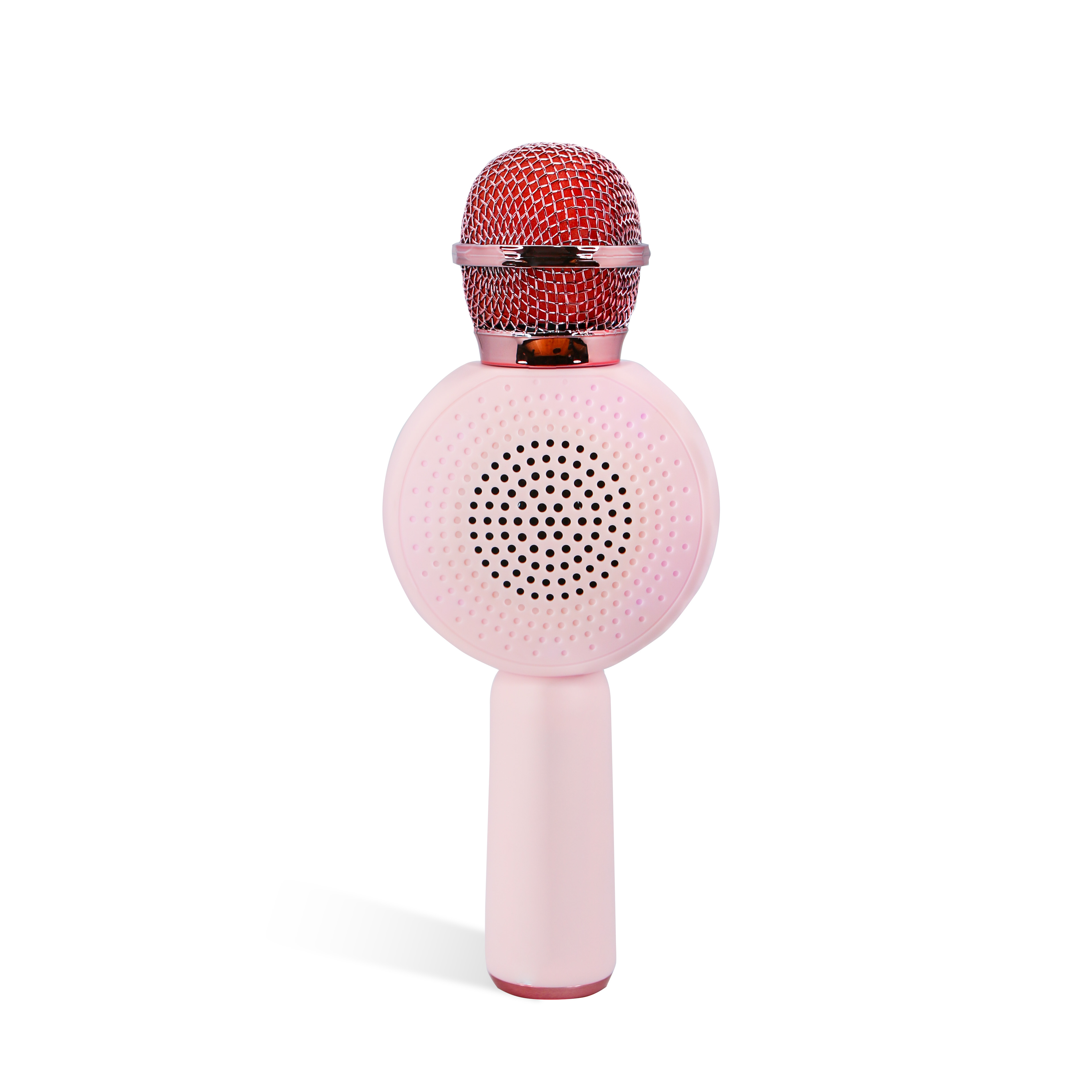 A pink microphone. It has a red mesh top and a pink base. The background is white.