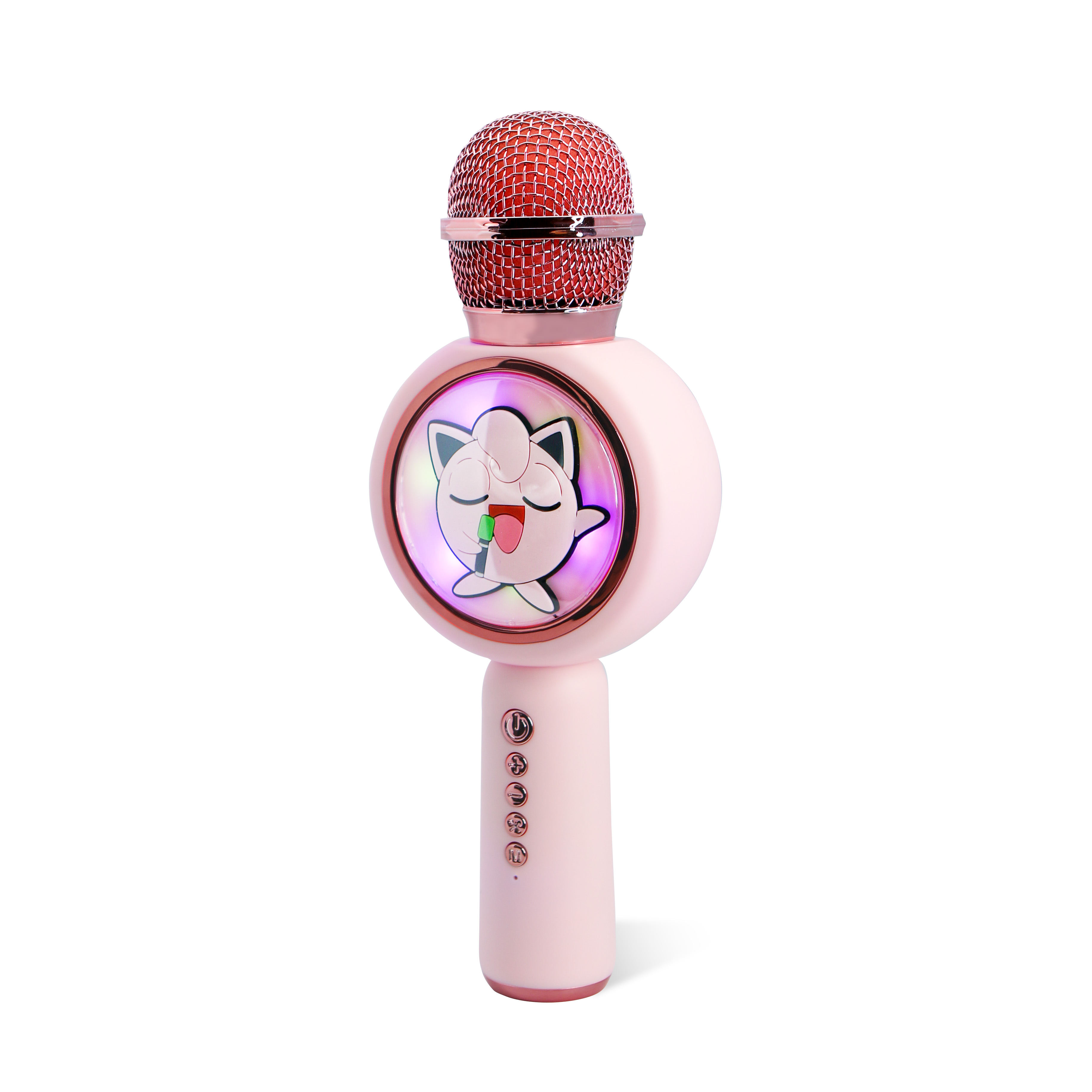 A pink karaoke microphone with a cartoon character, on a white background.