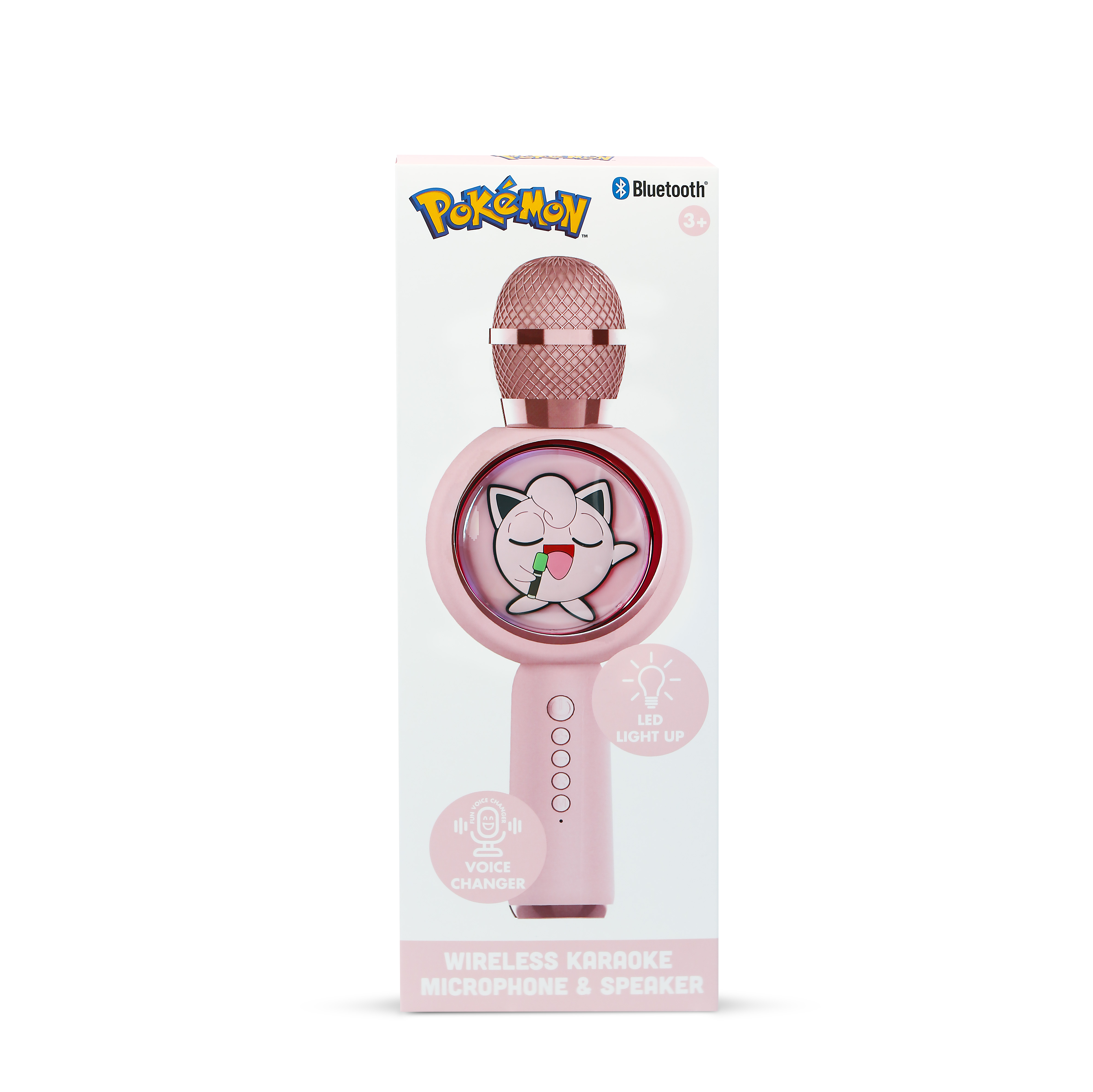 Pink Pokemon karaoke microphone with a speaker and a light up feature.