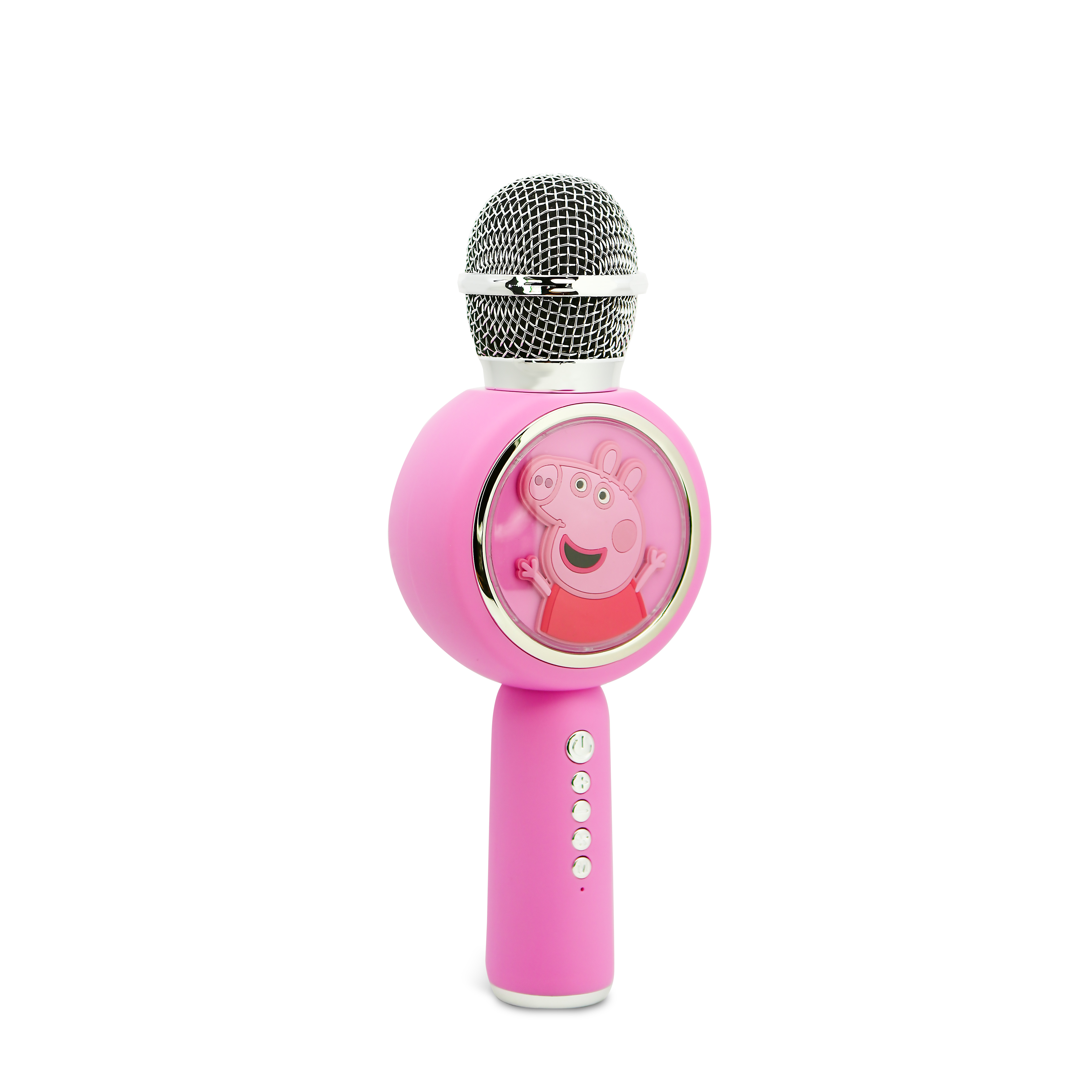 Pink Peppa Pig microphone with Peppa image, metallic grill, and control buttons. White background.