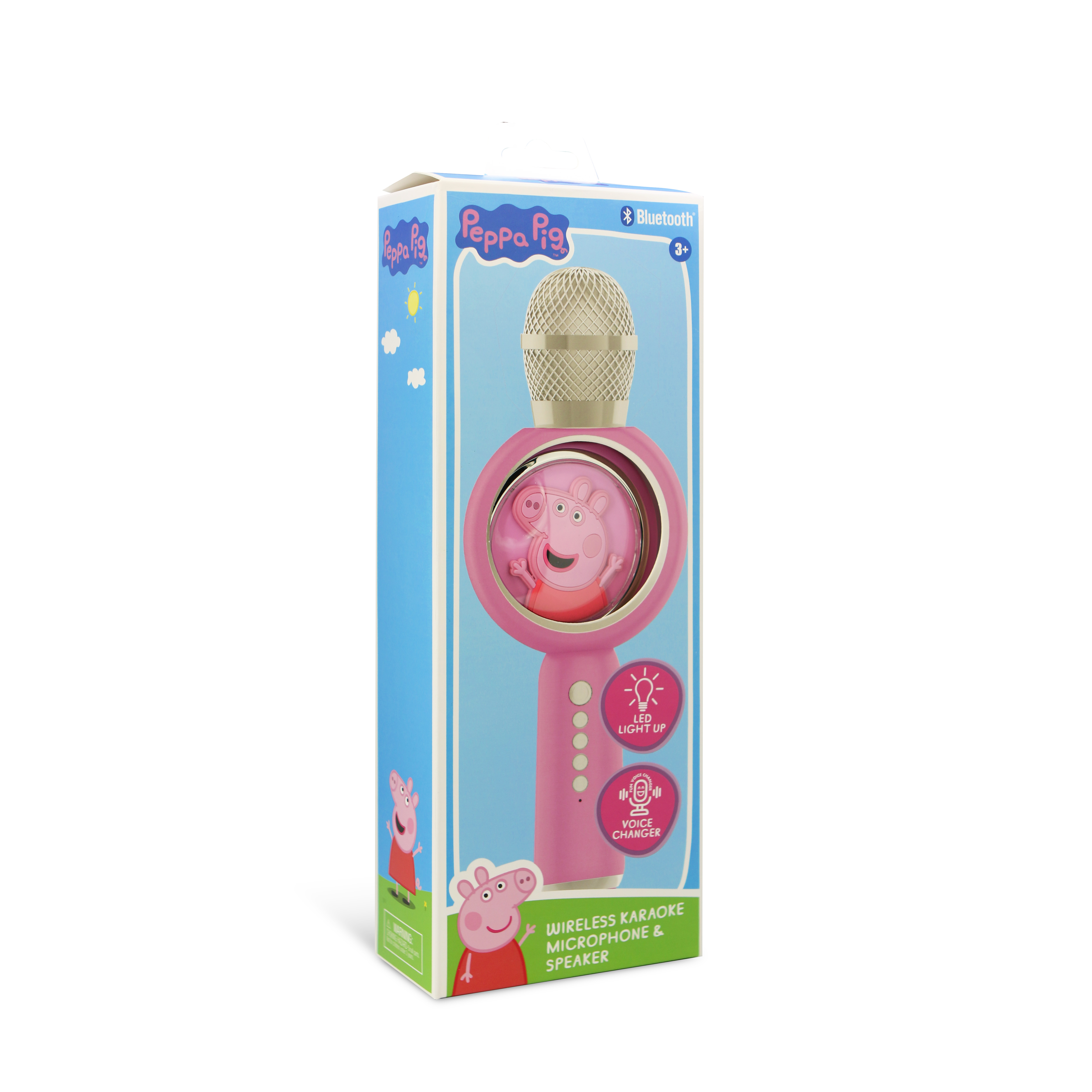 Pink Peppa Pig karaoke microphone with box. LED light and voice changer features.