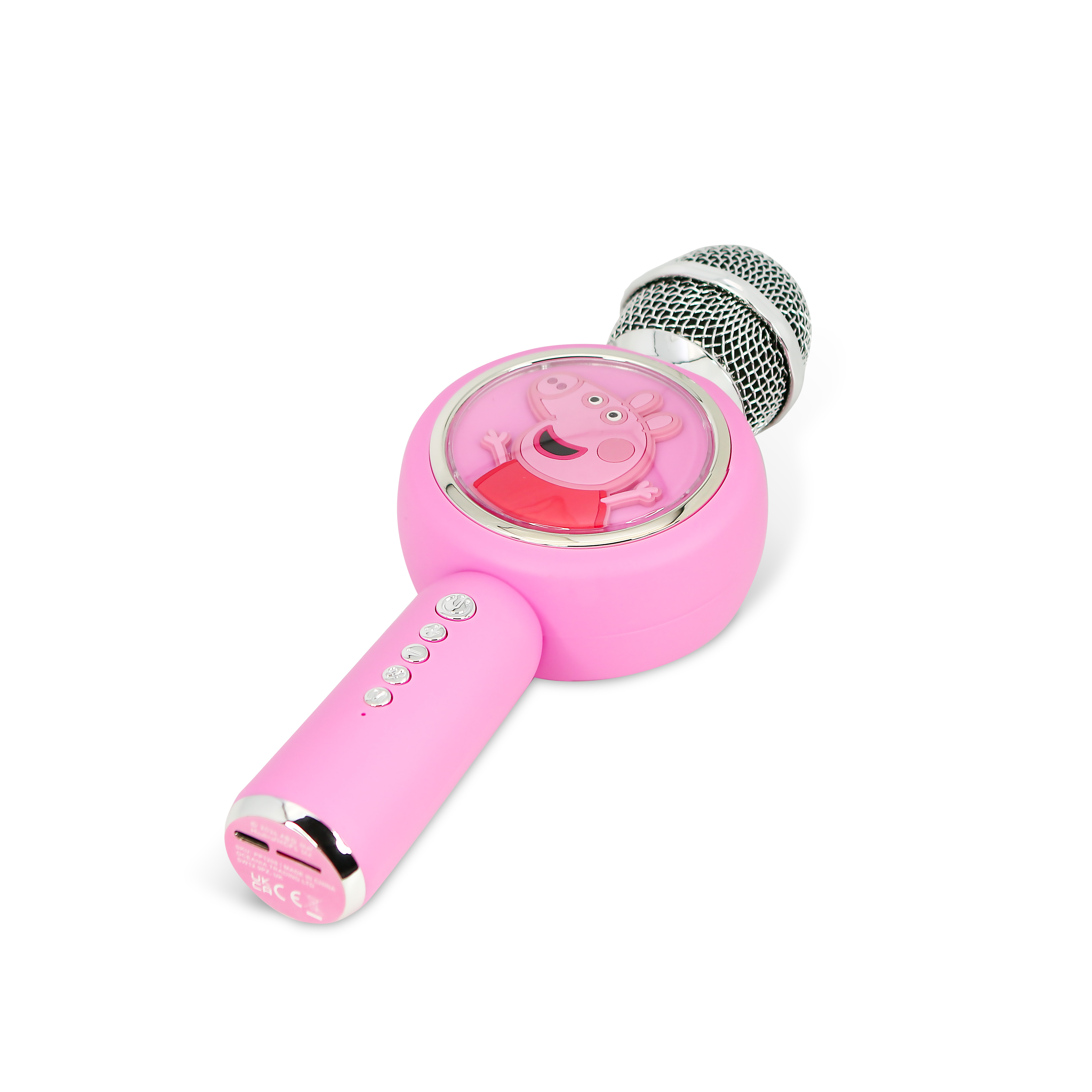 Pink Peppa Pig microphone with a silver mesh head.