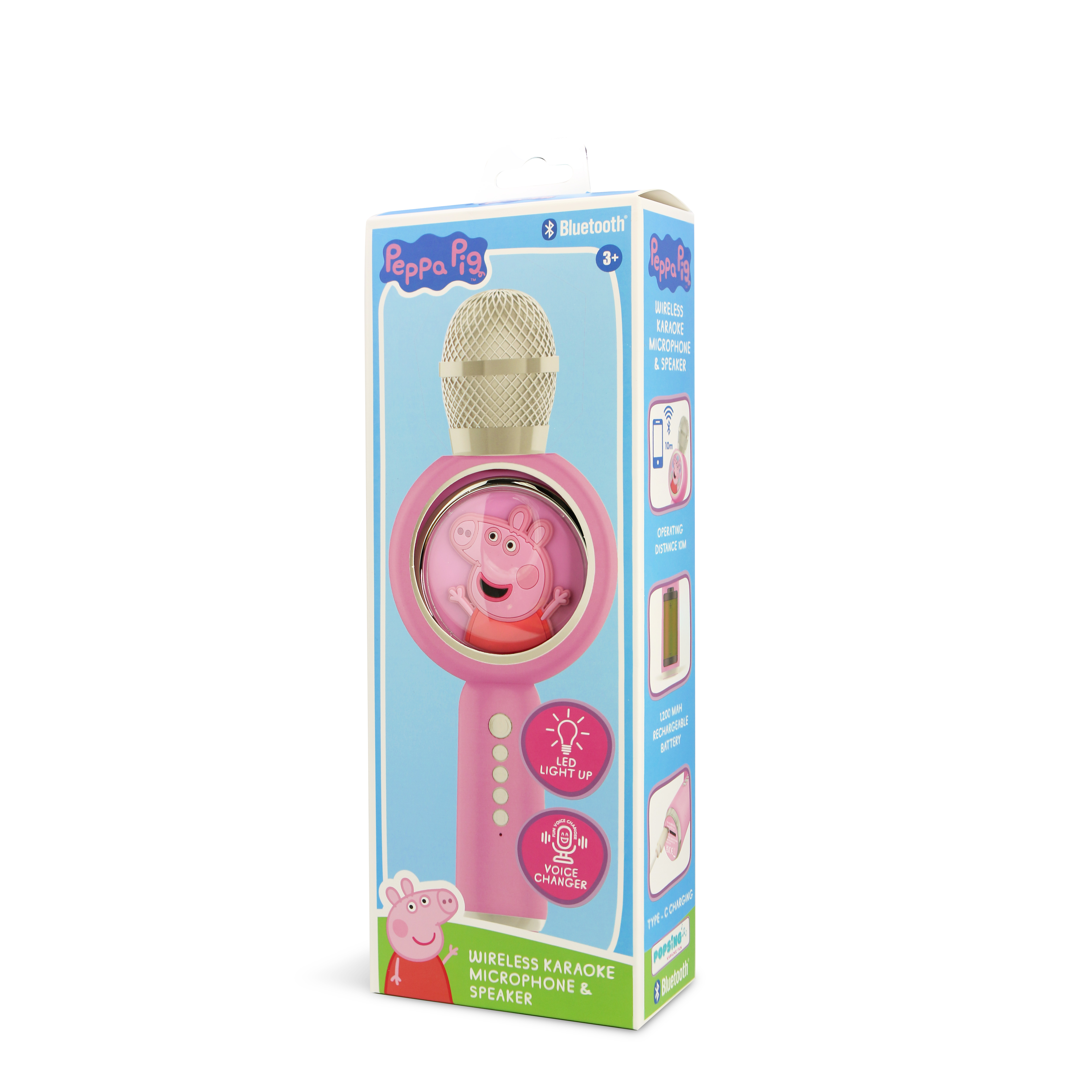 Pink Peppa Pig karaoke microphone and speaker with a box. The box shows Peppa and Bluetooth.