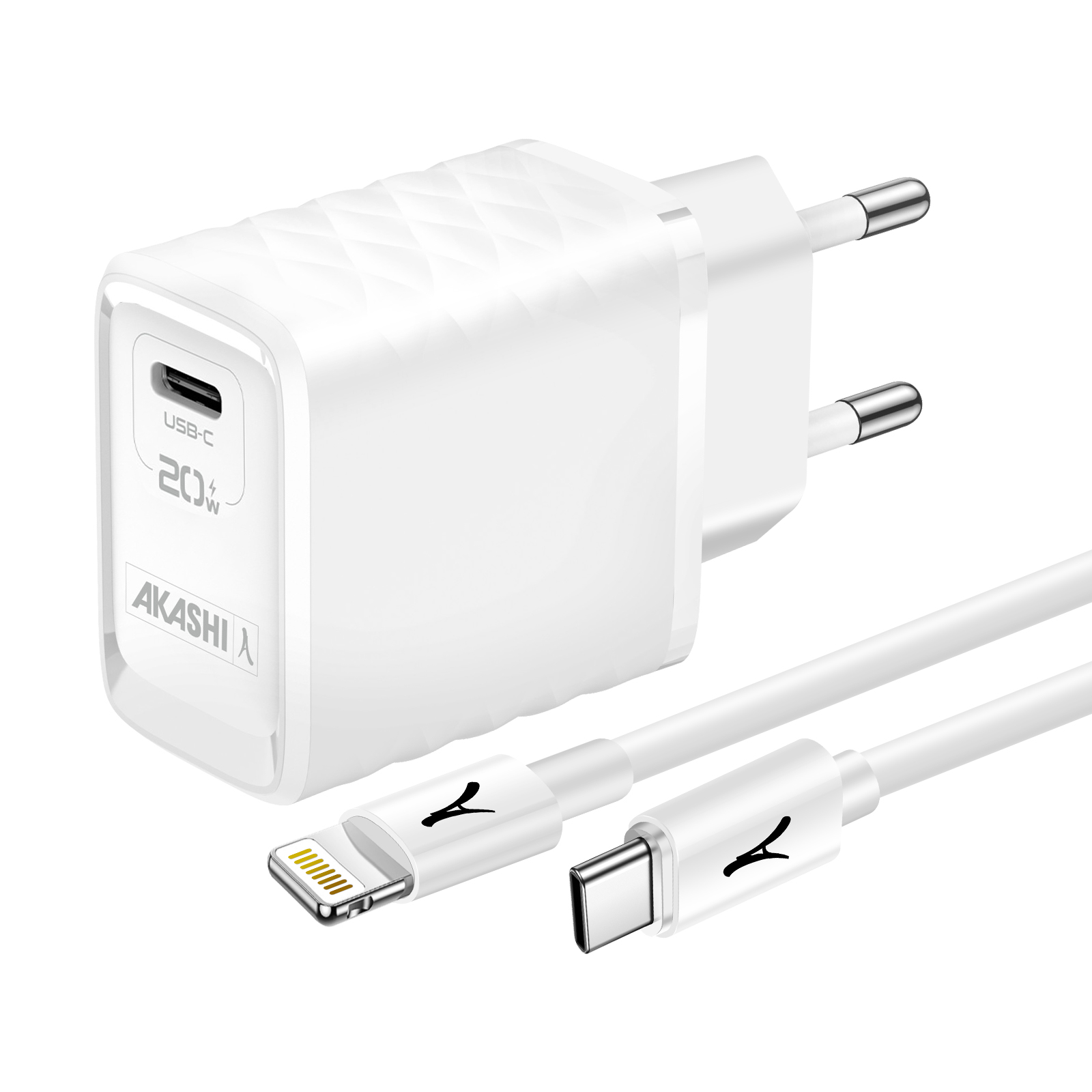 Chargeur USB-C blanc avec un câble Lightning et un câble USB-C. Fond blanc.