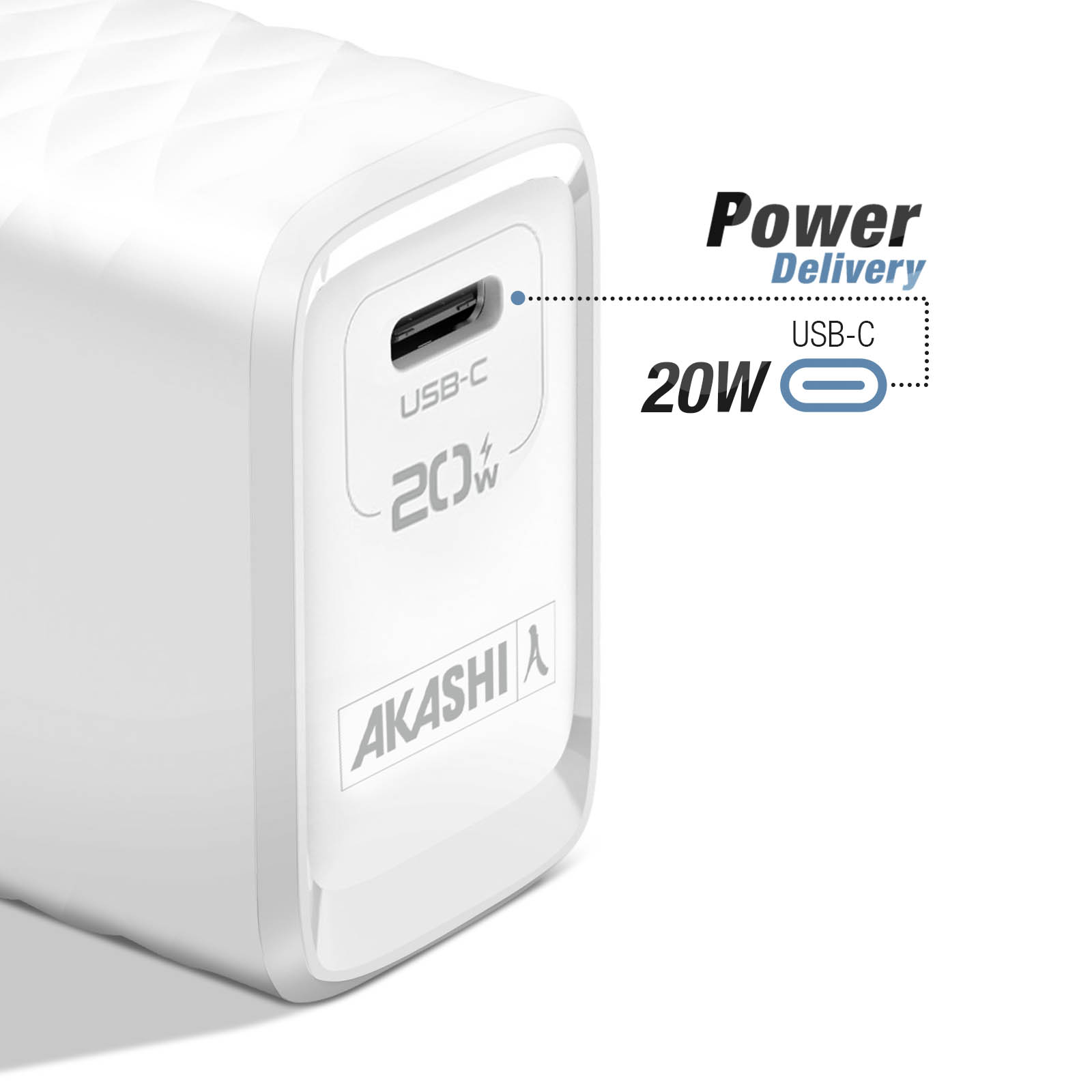 Chargeur USB-C blanc avec alimentation de 20W, étiqueté 'AKASHI'.