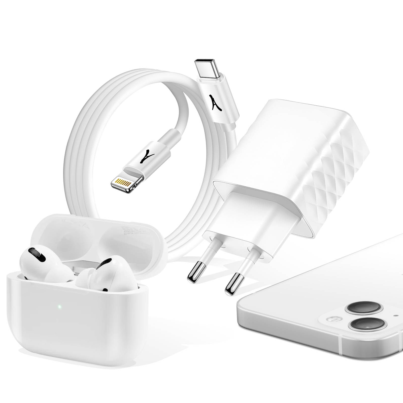 Chargeur blanc, câble, AirPods et téléphone. Fond blanc. Tout est blanc. Le câble de chargement est enroulé.