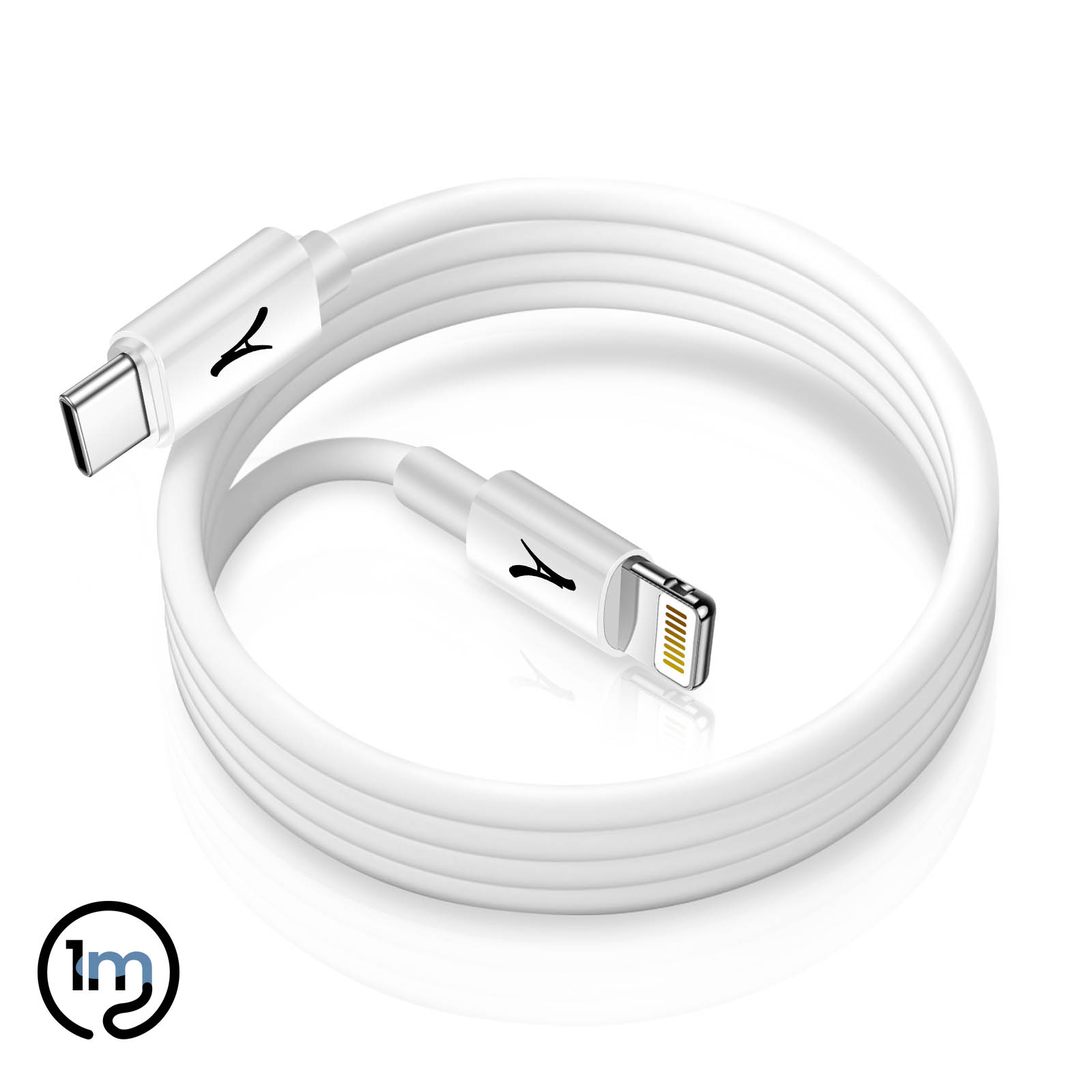 Un câble de charge blanc avec un connecteur USB-C et Lightning.