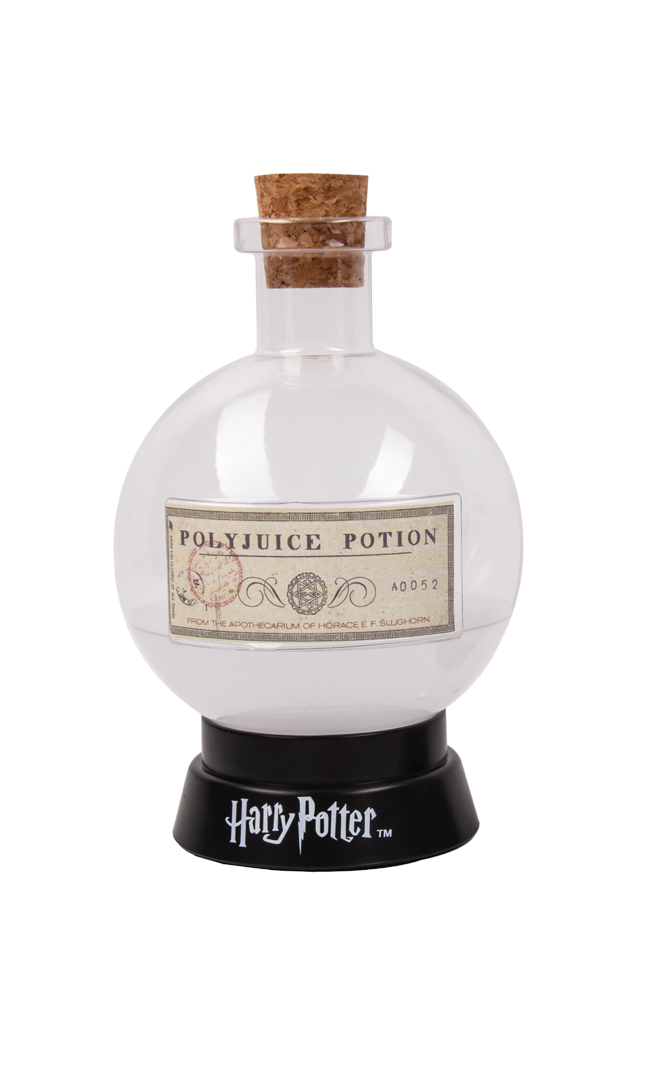 Transparante fles met kurk, label 'Polyjuice Potion' op zwarte standaard.
