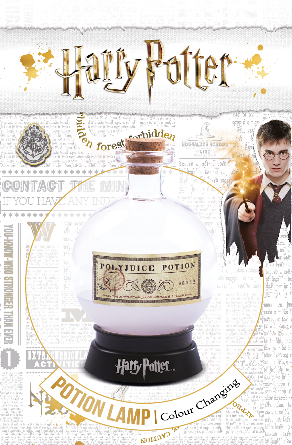 Een Harry Potter dranklamp met Harry Potter en een boekachtergrond.