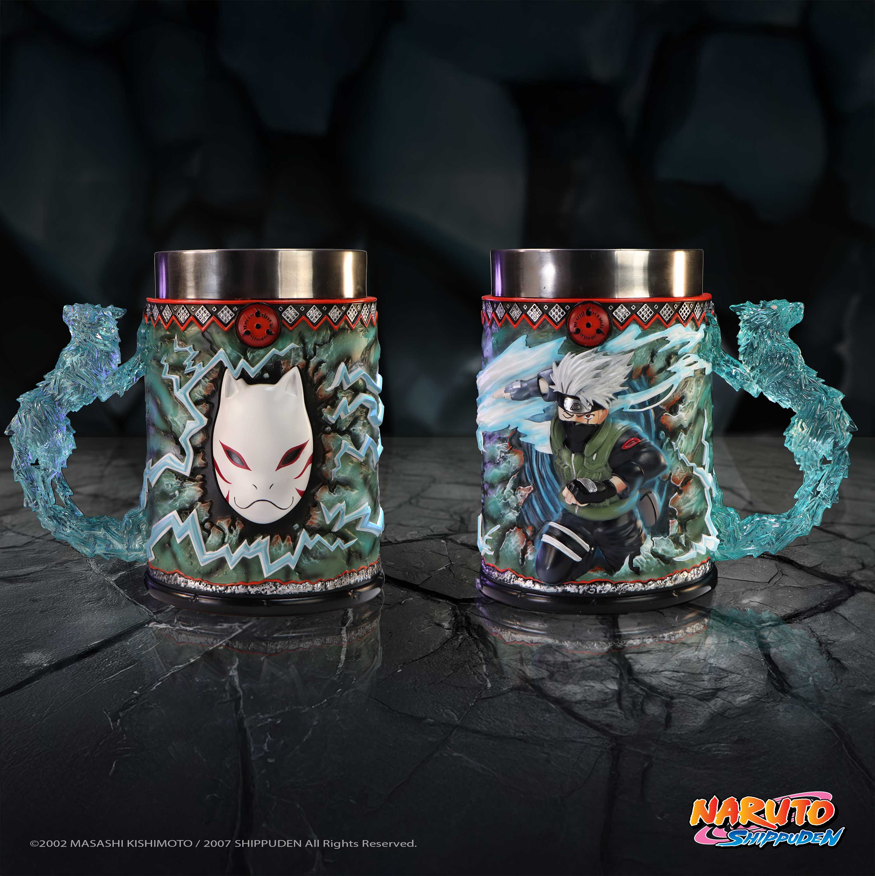 Two Naruto mugs. One shows a white mask, the other Kakashi. Both have ice-like handles and green details.