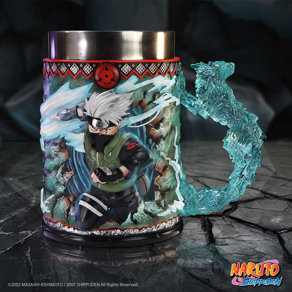Naruto mug with a figure of Kakashi. Blue ice-like handle and background.
