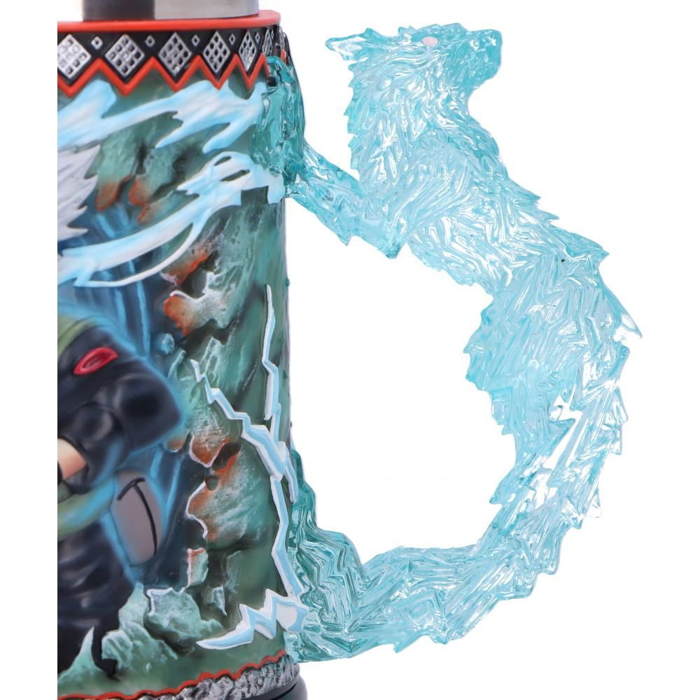 A mug with a turquoise handle. The mug has a picture of a character and a blue lightning design.
