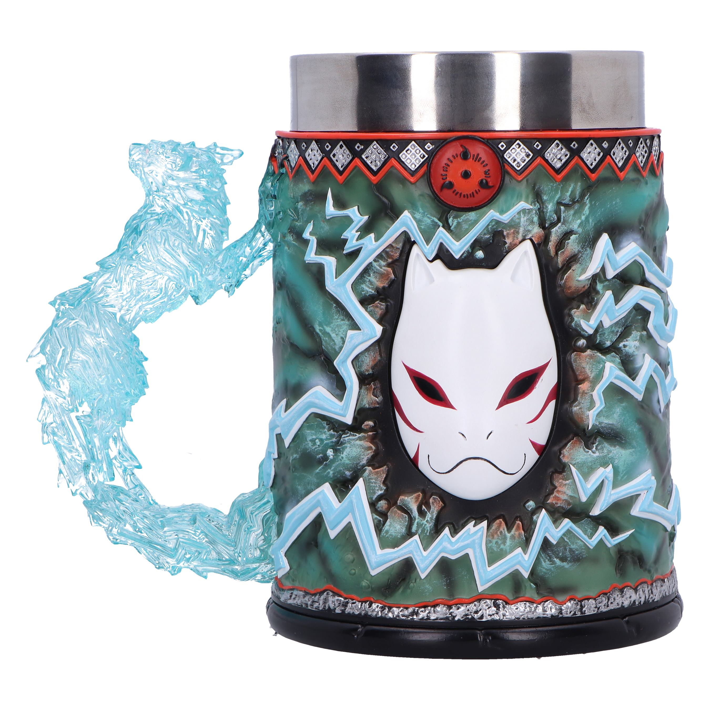 A mug with a white fox mask and an abstract design with blue energy effect handle.