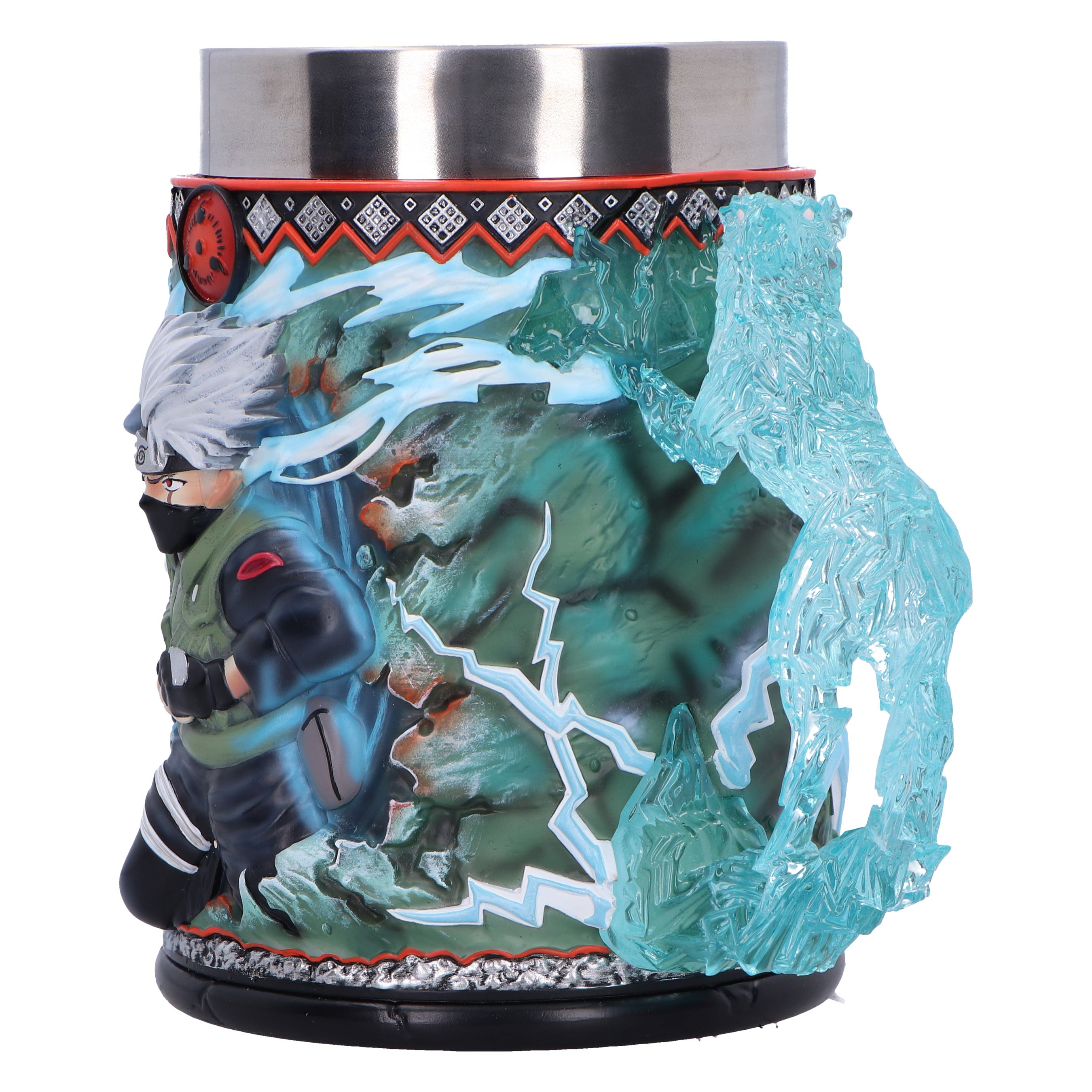 A mug with a Naruto theme. The mug has a character and a blue energy effect. The background is white.