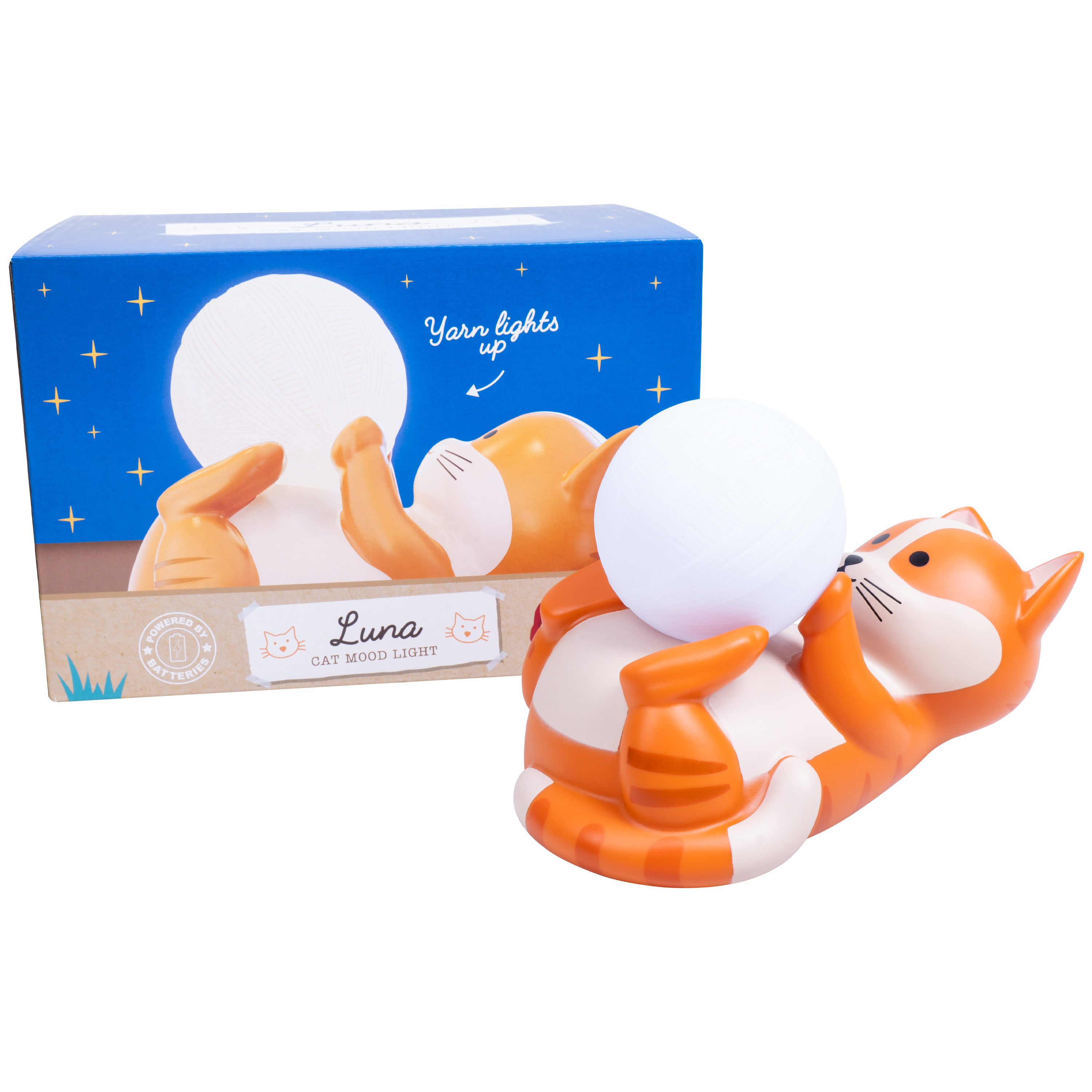 Oranje katten sfeerlicht, liggend, met een witte bal en een doos met sterren en de naam Luna.