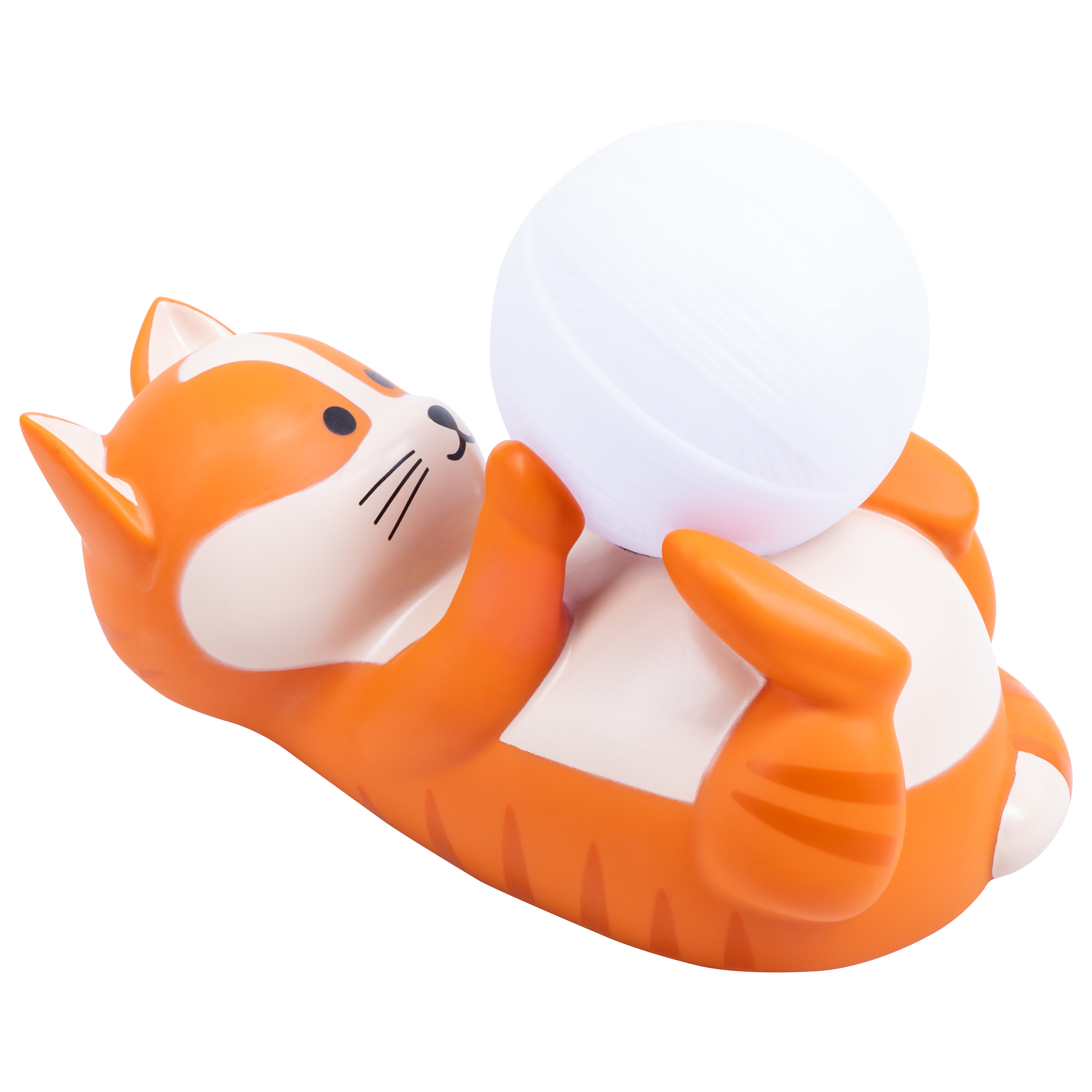 Oranje en witte katvormige lamp. De kat houdt een witte gloeilamp vast.