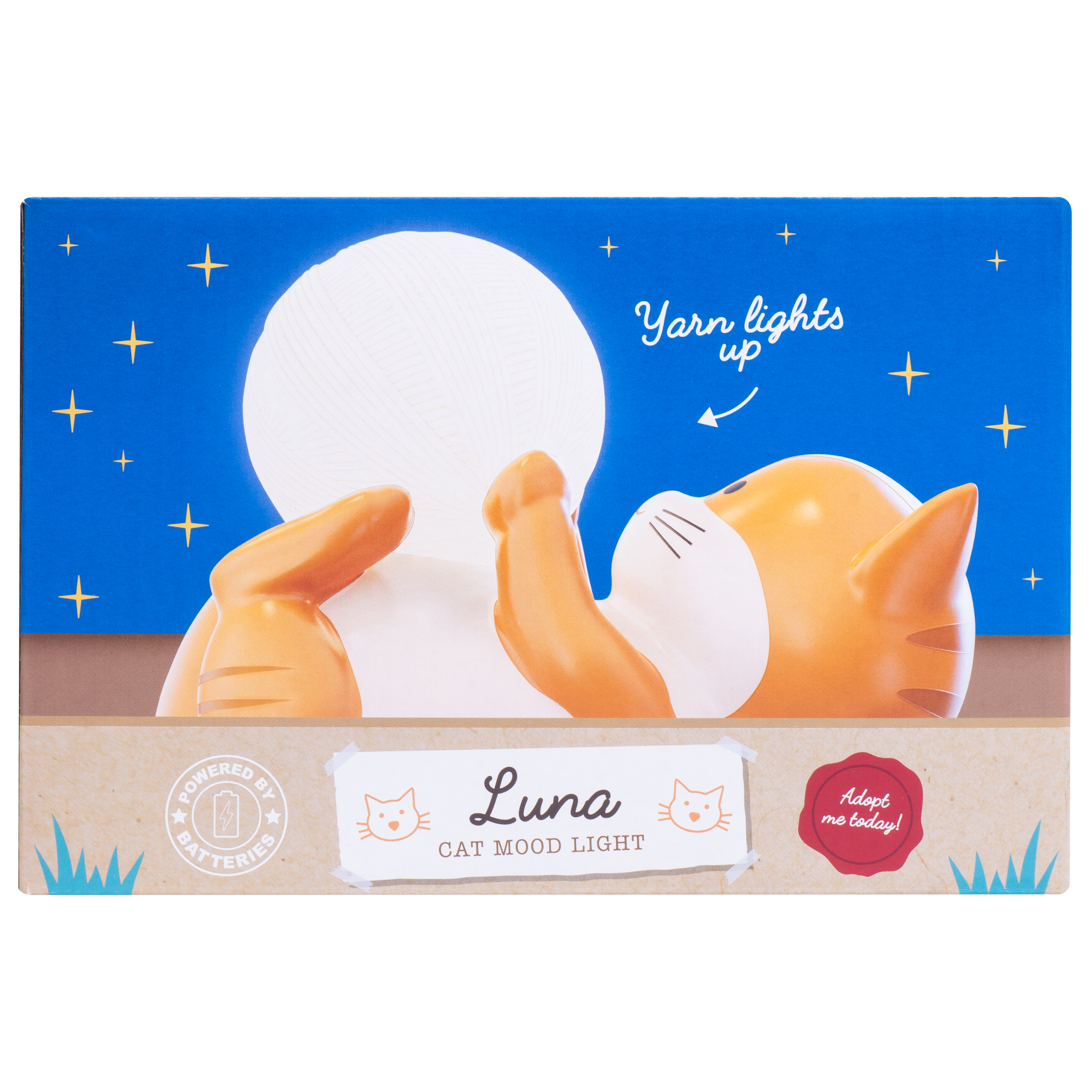 Kat sfeerlicht met bol wol, zegt "Luna". Blauwe achtergrond met sterren, witte bol licht op.