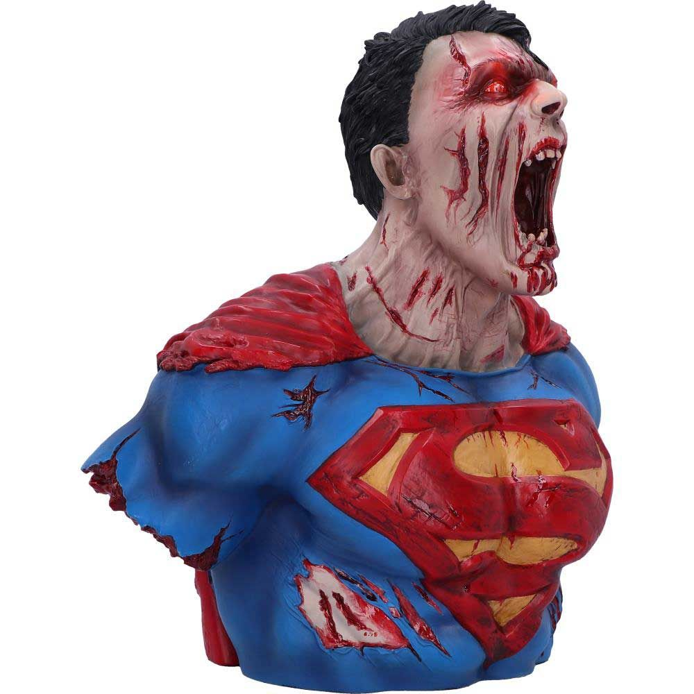 Zombie Superman buste. Rode ogen, open mond, bloederige wonden, gescheurd kostuum. Blauw pak, rode cape.