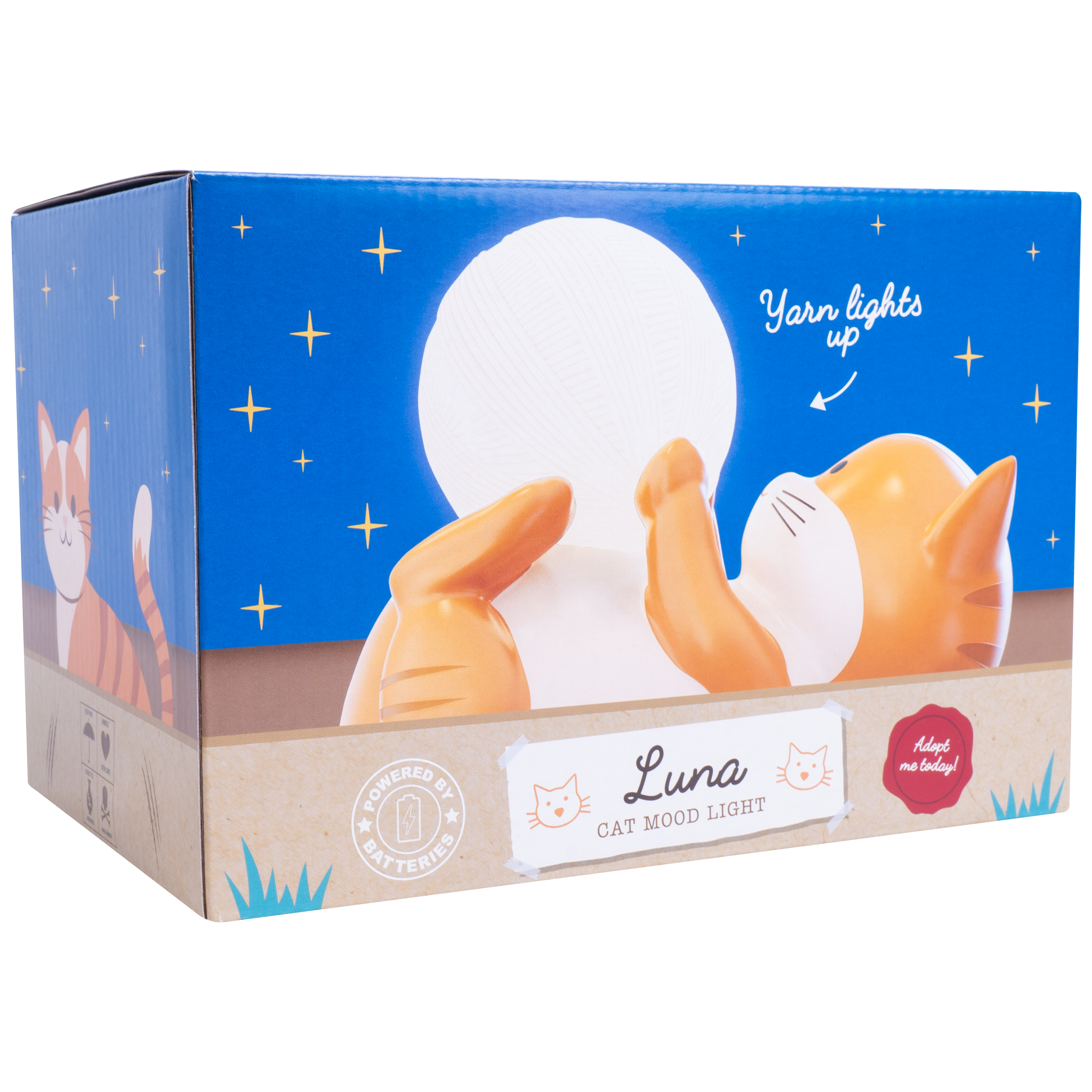 Een katvormige sfeerverlichting in een doos, met een nachthemelontwerp en het woord 'Luna'.