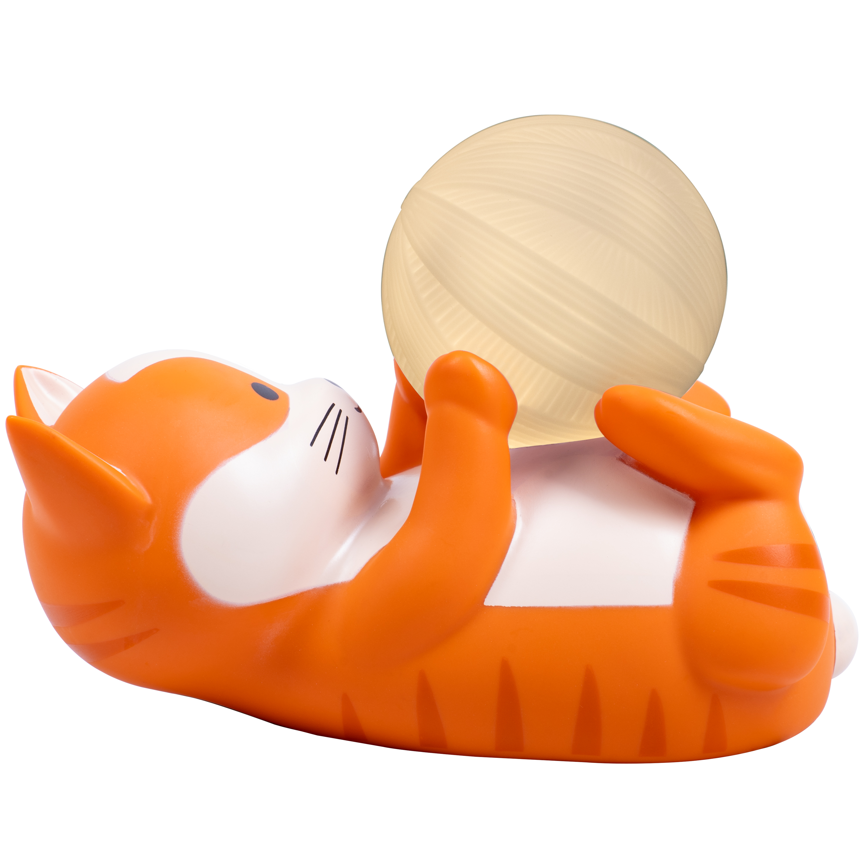 Oranje katfiguur ligt, houdt een gloeiende bal vast. Witte achtergrond.
