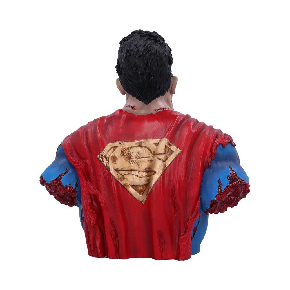 Een borstbeeld van Supermans rug, met gescheurde rode cape en blauw pak. Superman-symbool op de borst.
