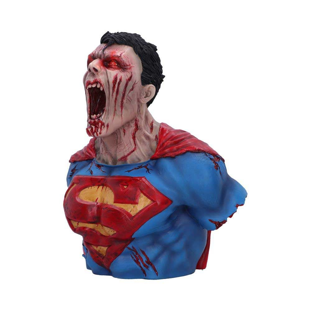 Superman buste, zombie-achtig met open mond, bloed en gescheurd kostuum. Rode cape en blauw pak.