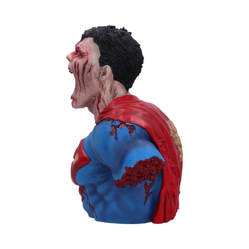 Een zombie borstbeeld van Superman. De figuur heeft open wonden en draagt verscheurde kleding.