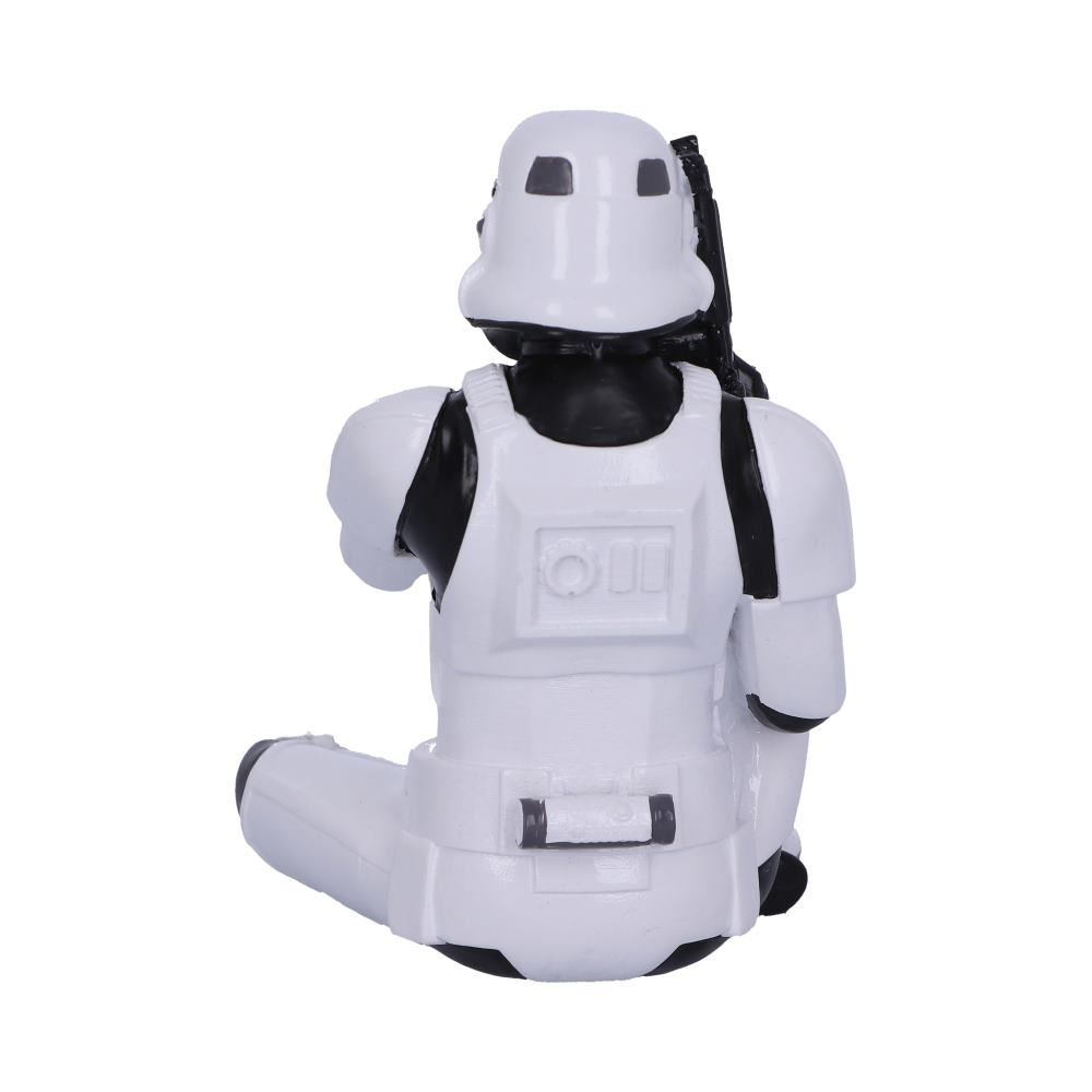 Stormtrooper figuur met de rug naar voren. Zwart en wit, witte achtergrond.