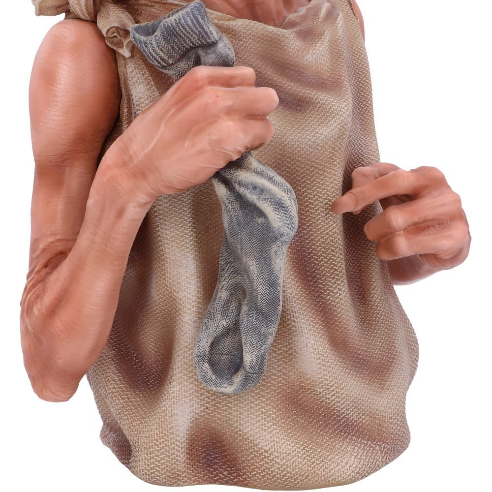 Nahaufnahme einer Figur in einem abgenutzten Sacktuch. Eine Hand zeigt auf eine Socke, die aus dem Sack kommt.