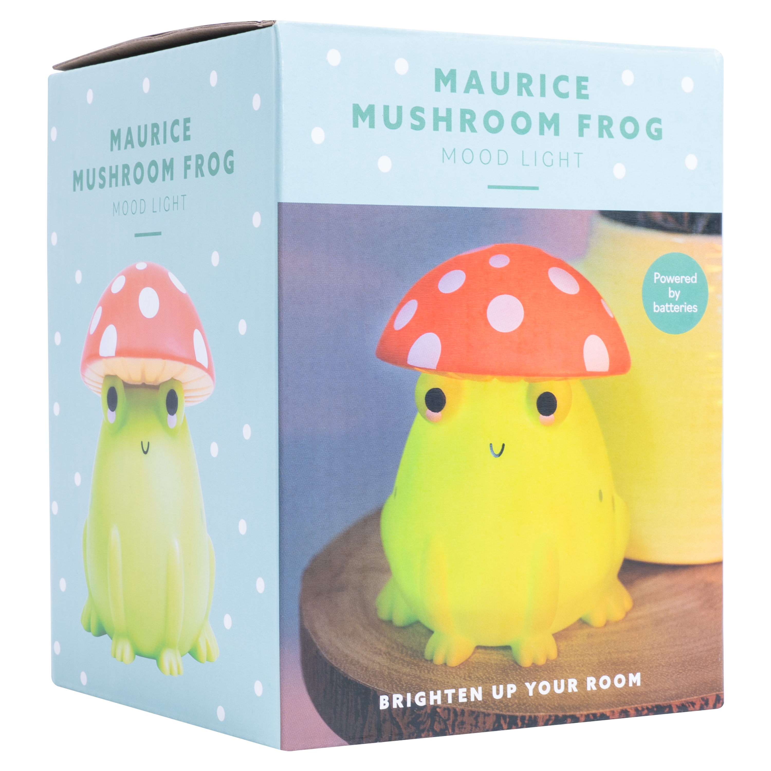 Kikker sfeerlicht in een doos. De doos heeft een kikker erop en zegt 'Maurice Mushroom Frog'.