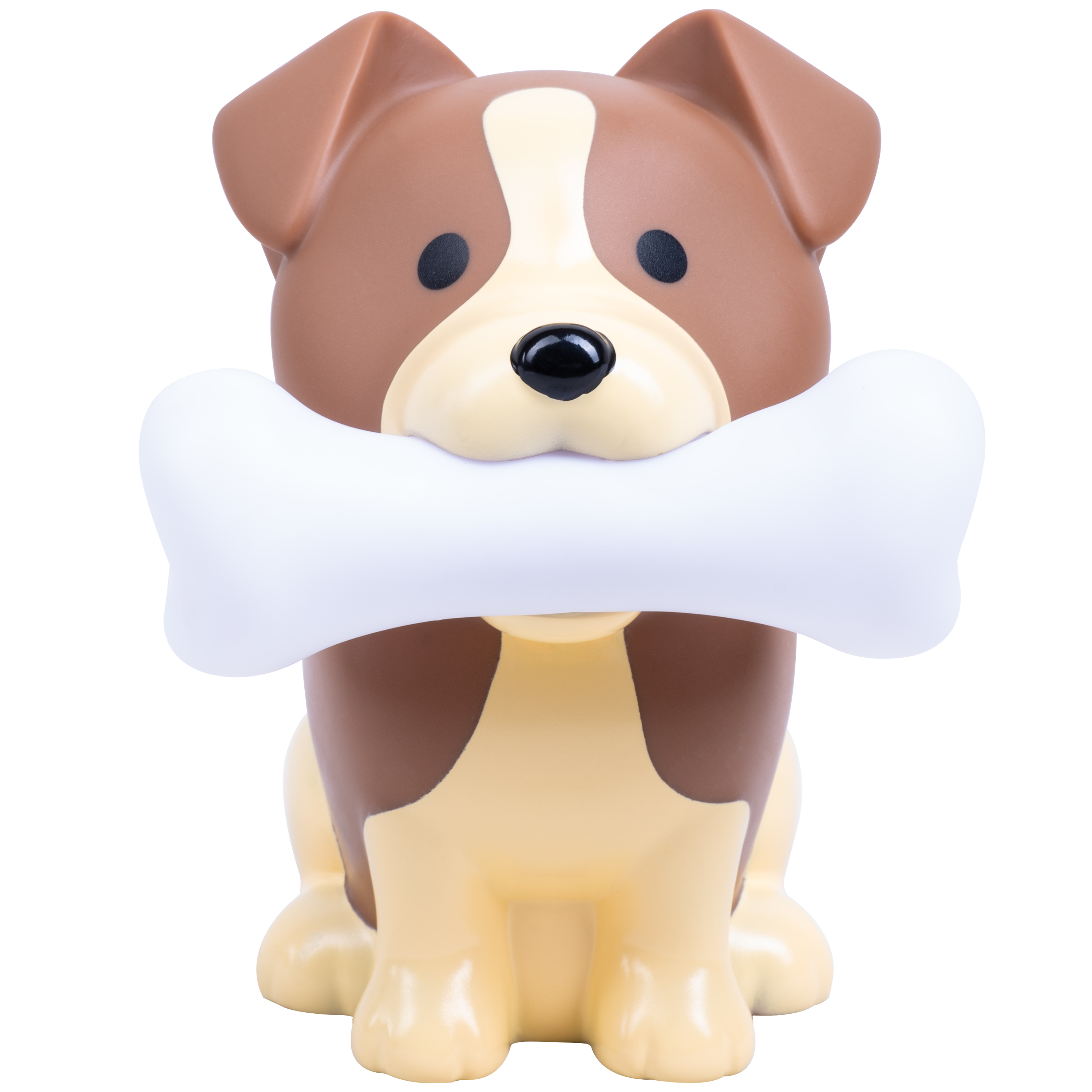 Dog figurine holding bone. Brown and tan dog with white bone. Cartoon style. Sitting position.