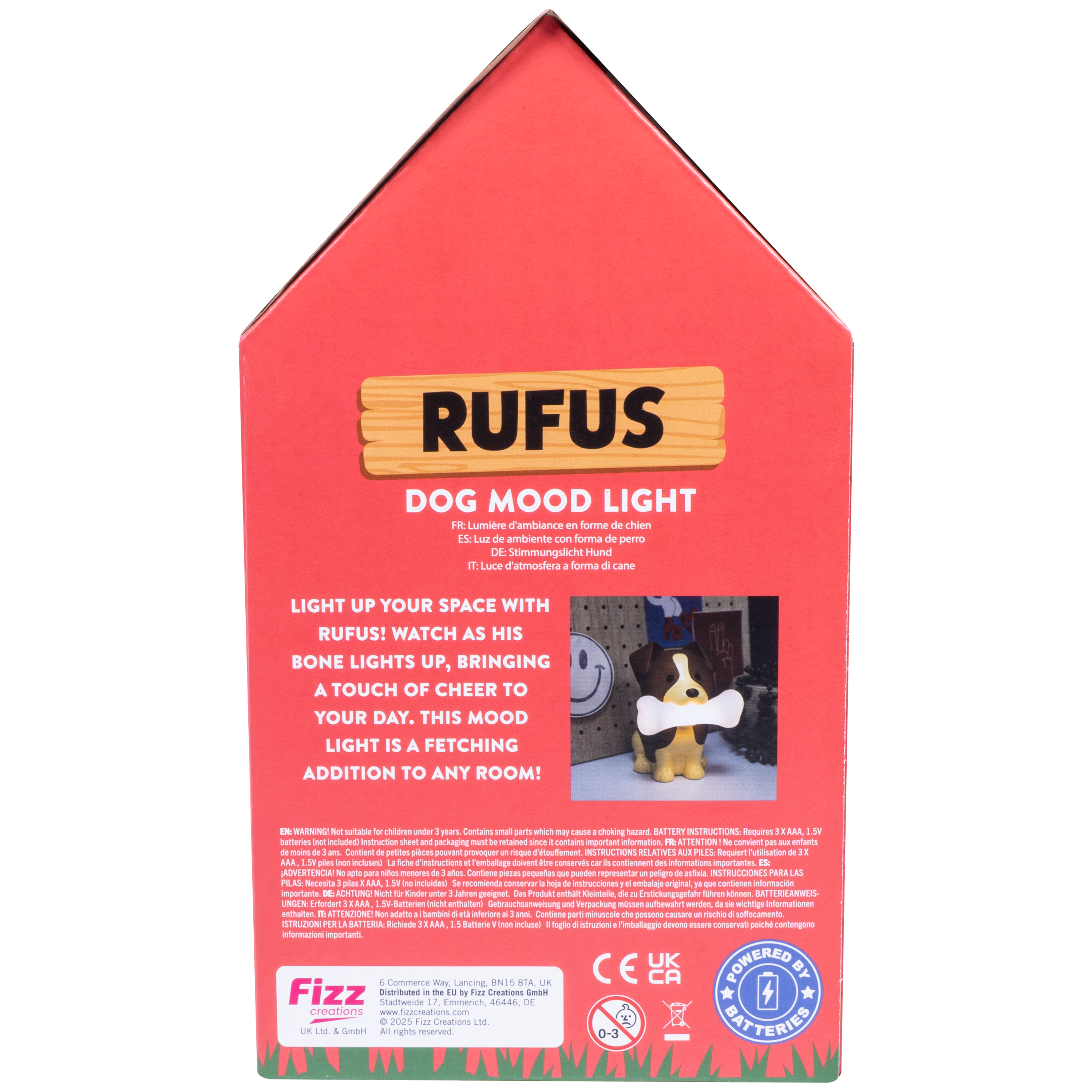 Red dog house box with Rufus text, dog mood light. Includes a toy dog figure with a bone.