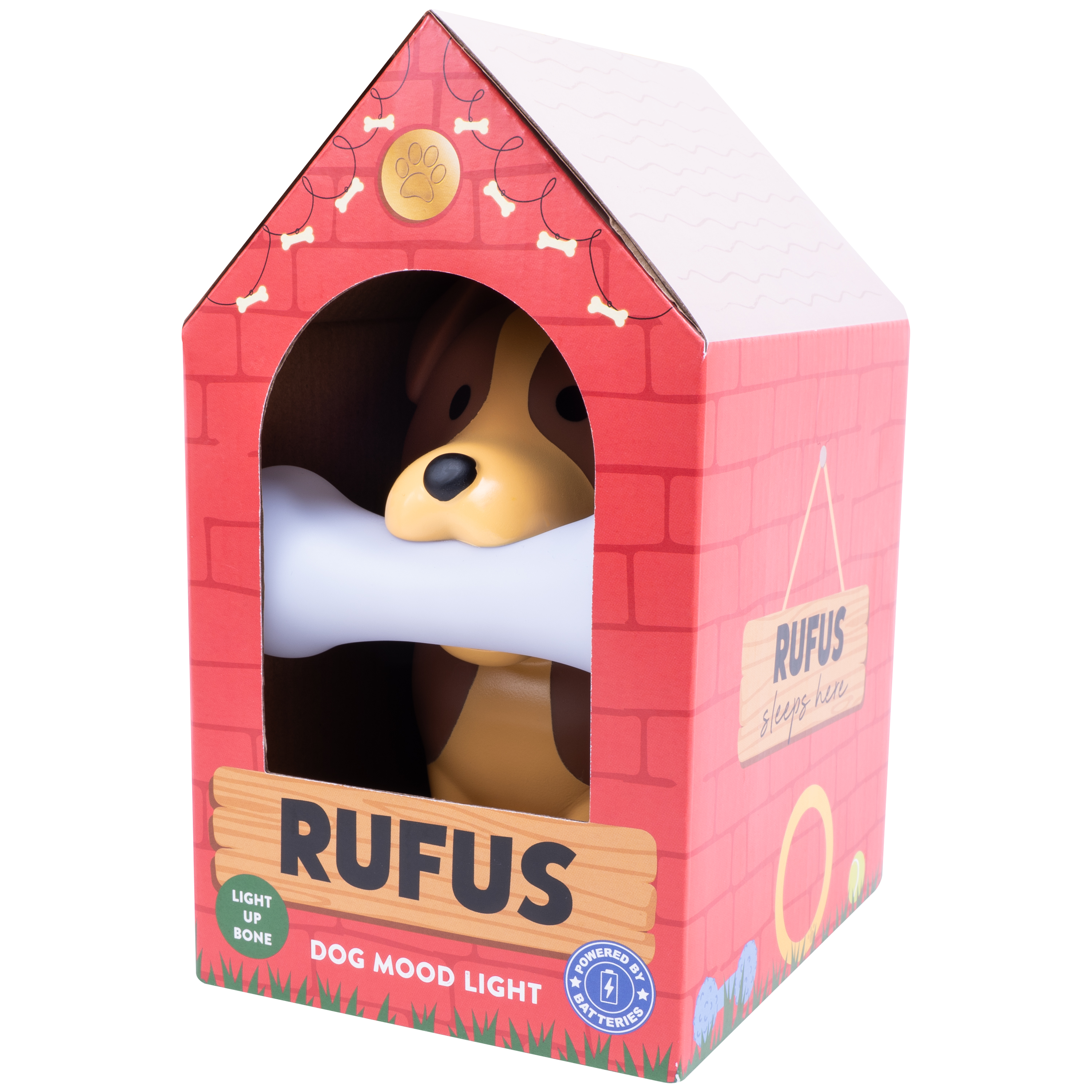 Dog house lamp with a dog holding a bone and a sign that says Rufus.