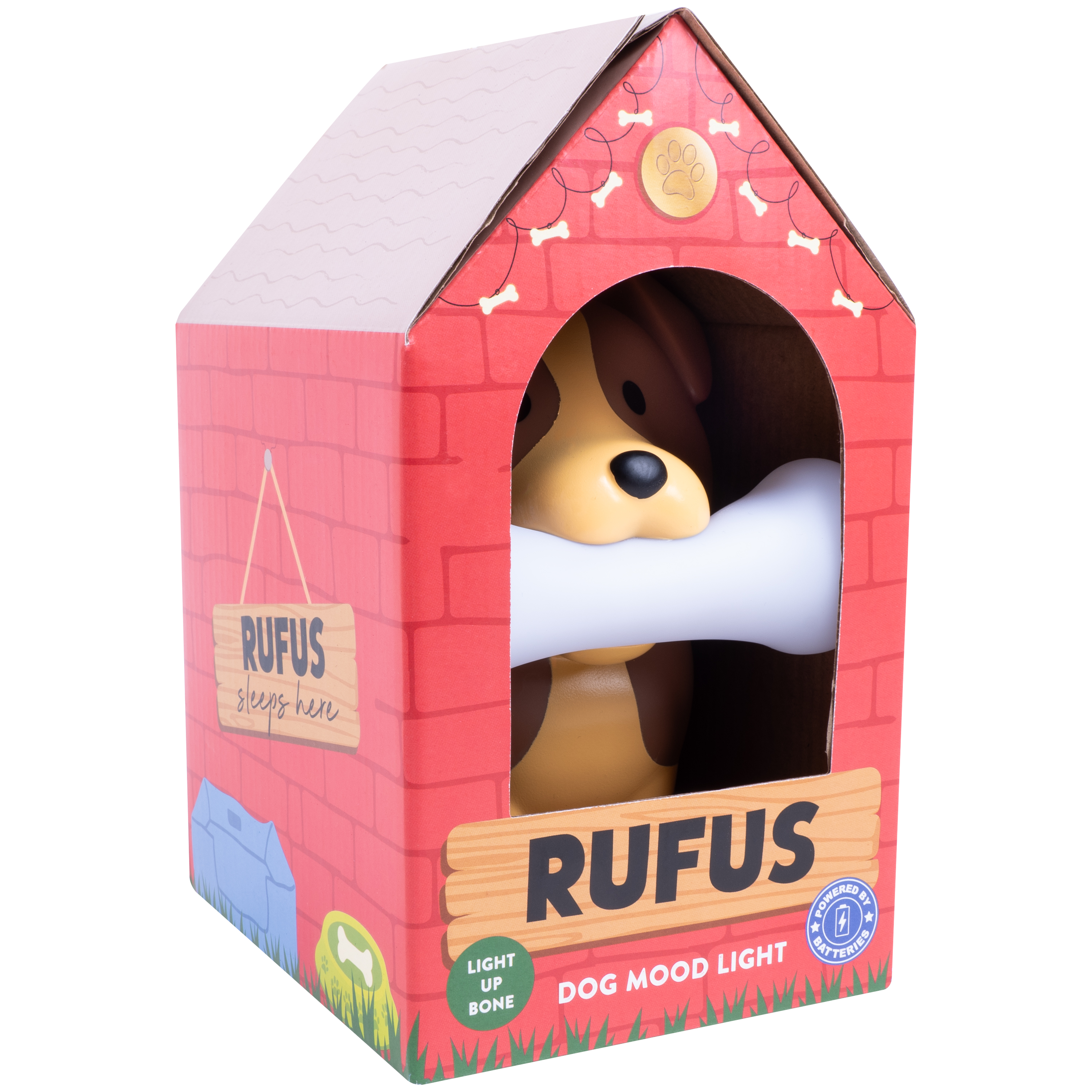 Dog-shaped mood light in a house-shaped box with the word RUFUS.