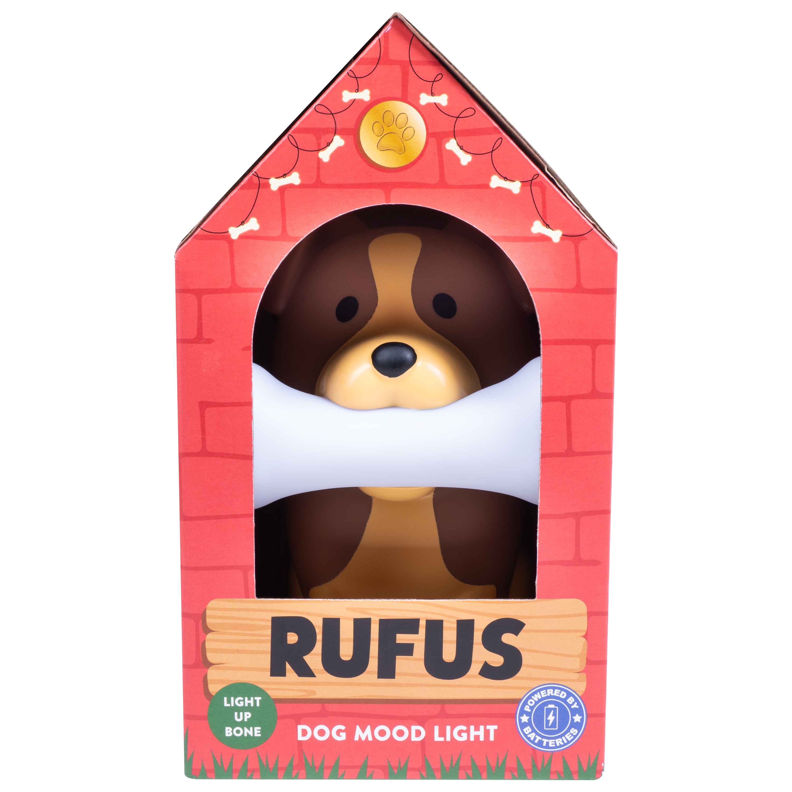 A Rufus dog mood light in a box. The dog is brown and white, it holds a bone. The box is red and has doghouse shapes.