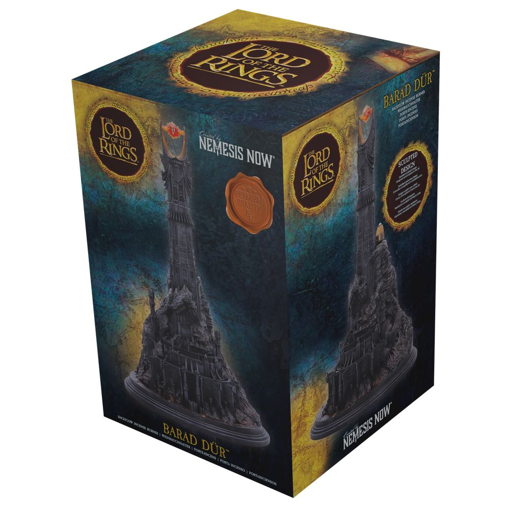 Een Lord of the Rings Barad Dur torenmodel in een doos met tekst en logo's.