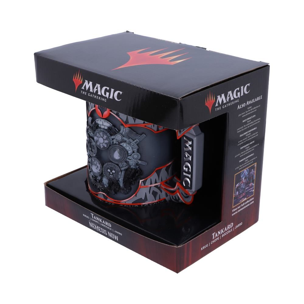 Magic: The Gathering tankard in a box. Black mug with red and gray details.