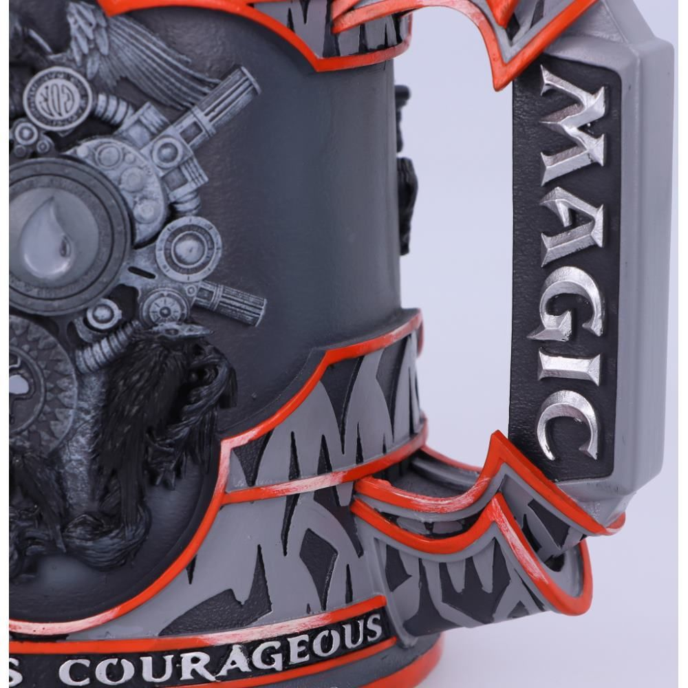 Magic-themed mug with detailed carvings. Gray and red color scheme. Handle says 'MAGIC'. Features intricate patterns.