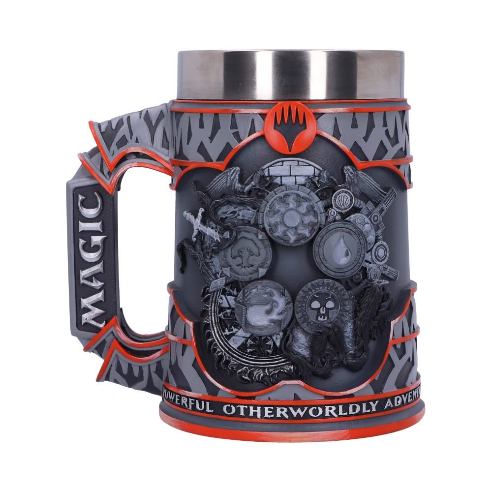 Grey Magic mug with orange accents and various symbols, including a black, red and white logo, and the word 'MAGIC'.