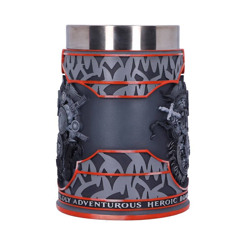 Mug with a gray and red design. Features the words 'WILDLY ADVENTUROUS HEROIC BOLD' around the base.