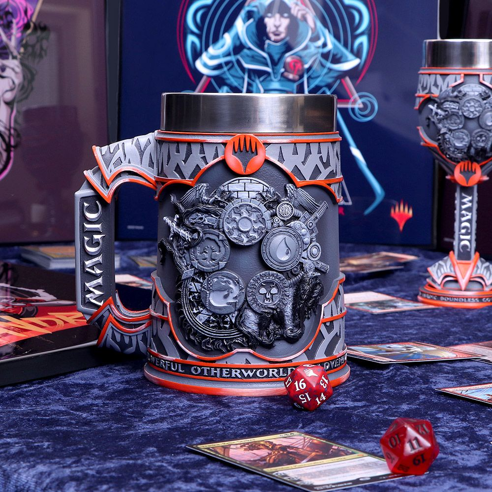 Magic themed mug with detailed art, dice, and cards on a table. Background elements.