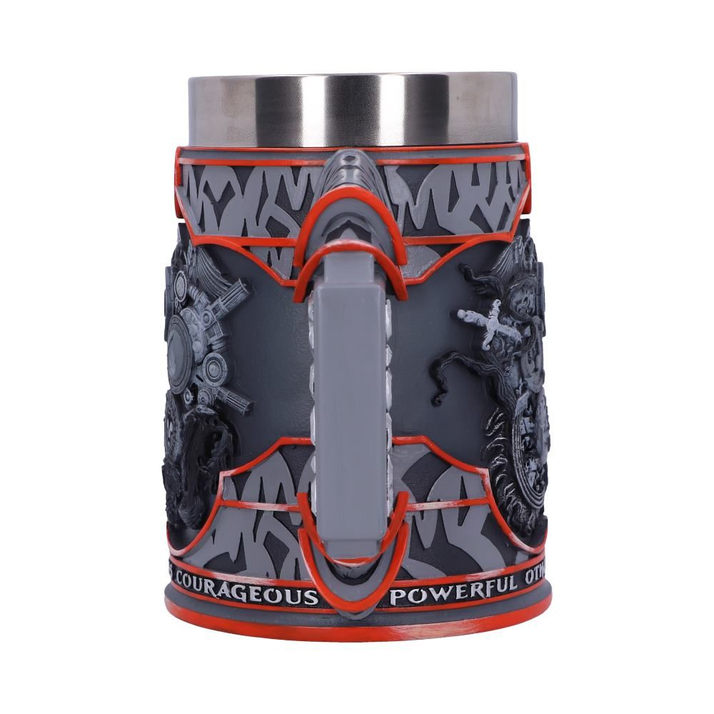 A mug with a grey design. The handle is grey. Text 'COURAGEOUS POWERFUL' is on it.