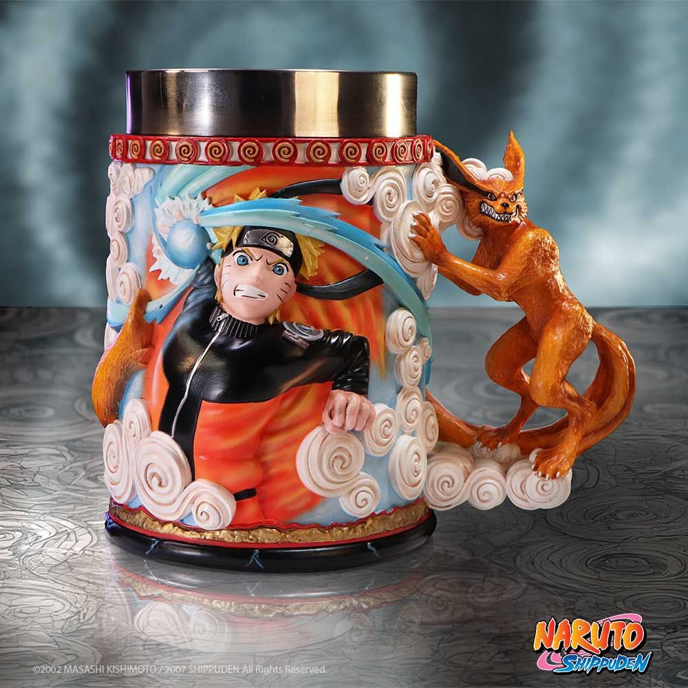 Een Naruto mok met het personage en Kurama. Het handvat is Kurama's staart. De achtergrond is Naruto's wereld.