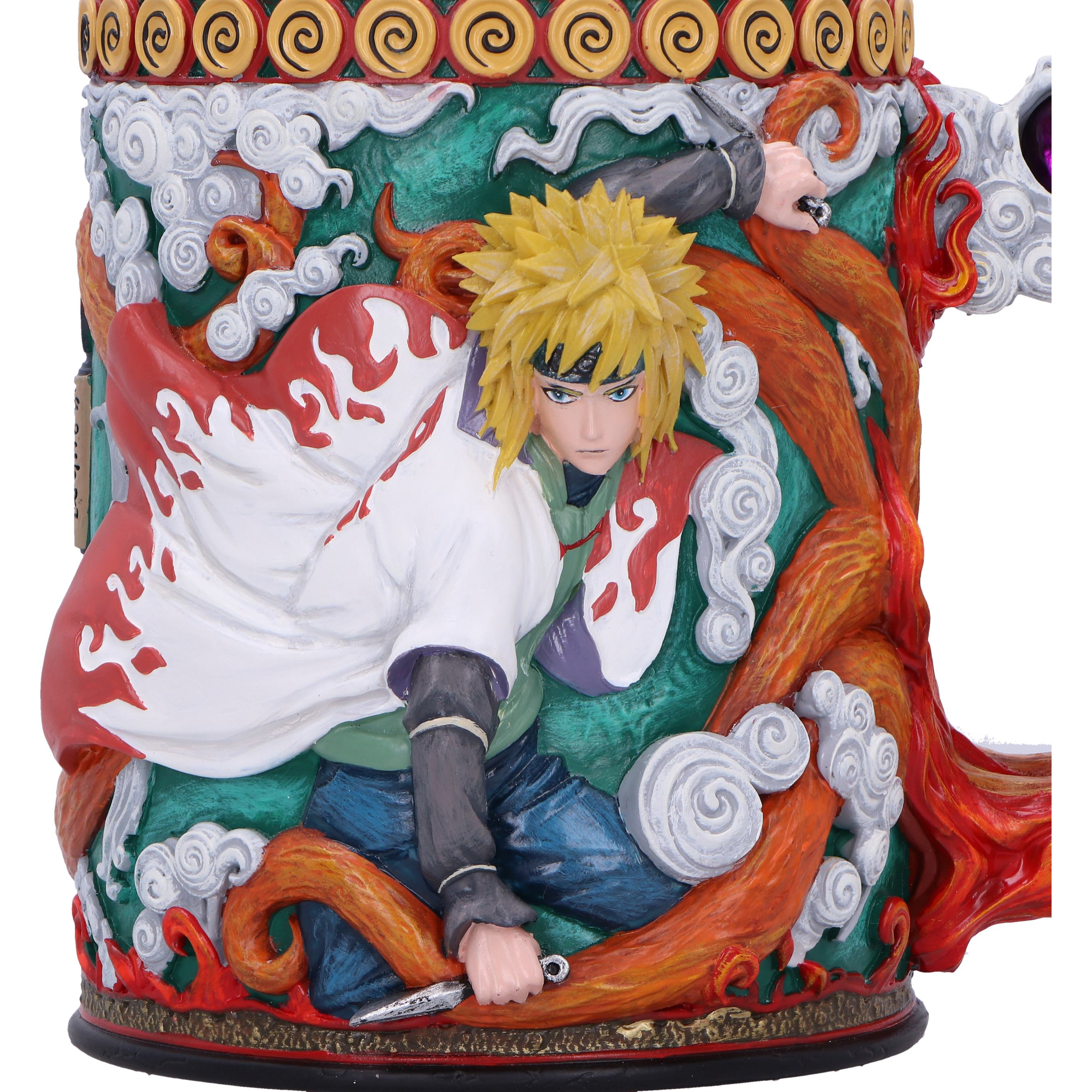 Naruto mug depicts a character in action, with yellow hair, in a dynamic pose, surrounded by detailed artwork.
