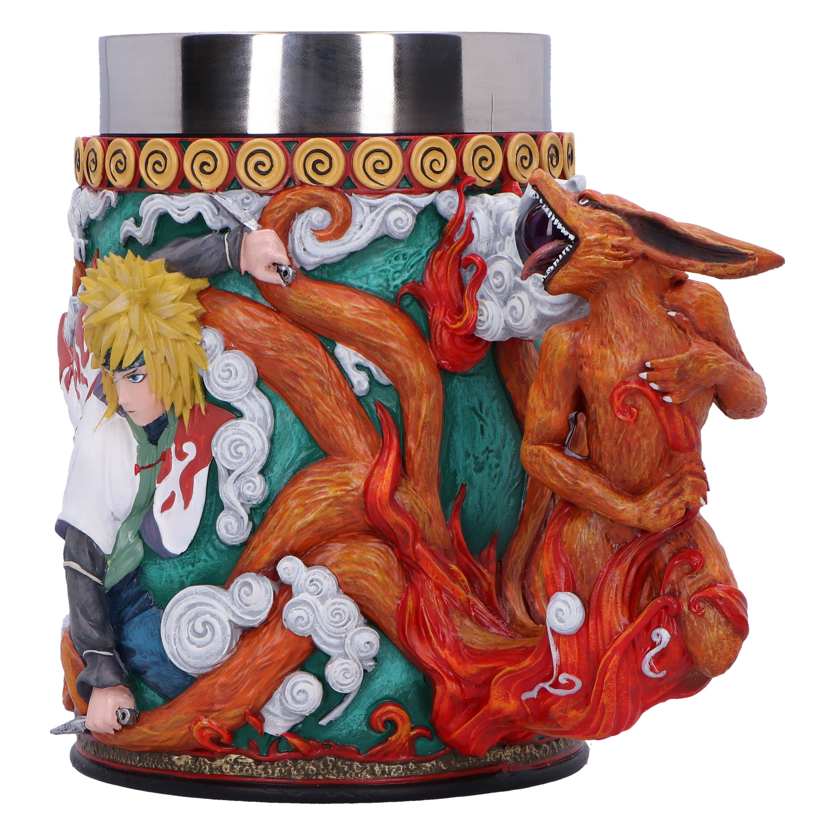 Naruto mug with Minato, Kurama, green and orange colors, anime style.