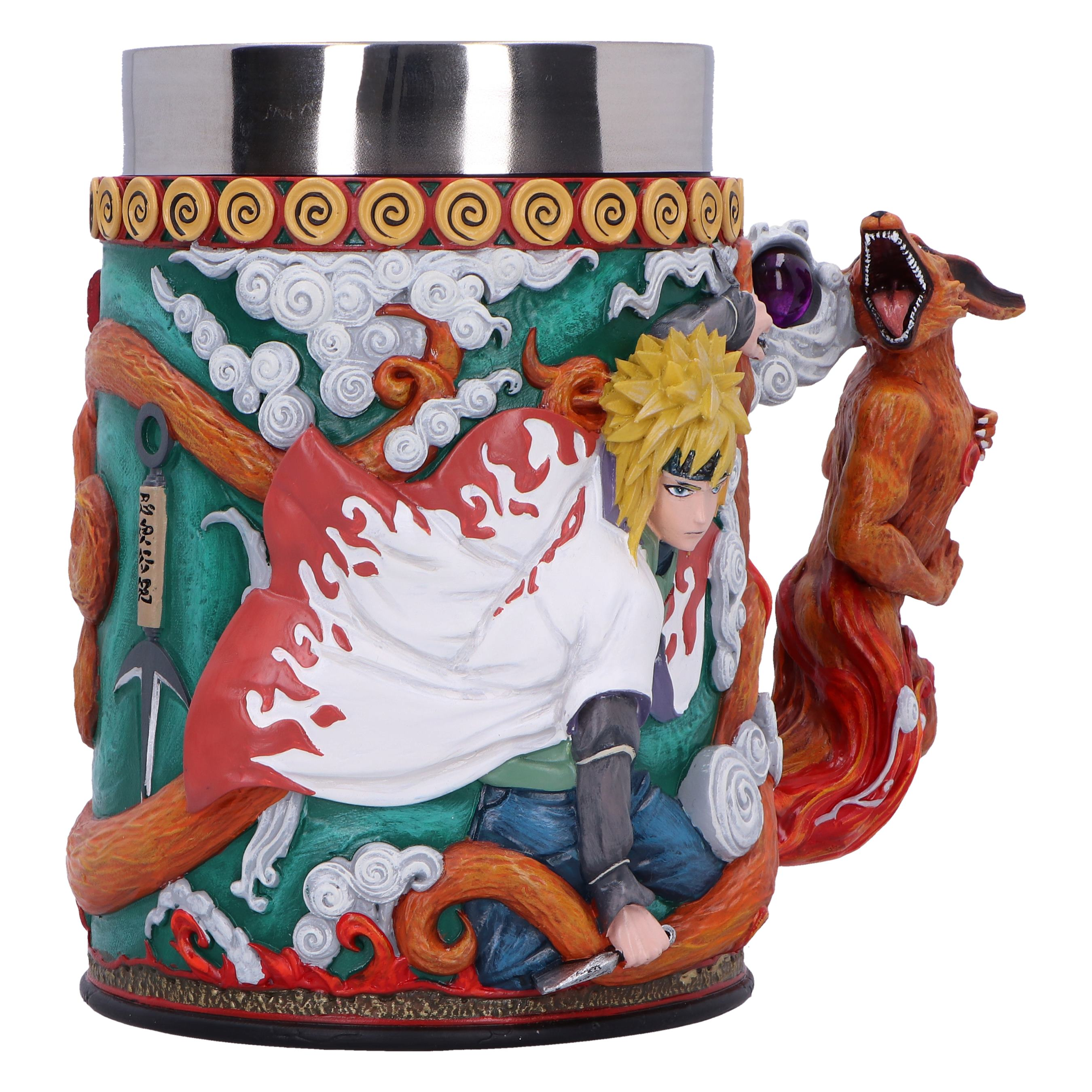 Naruto mug with a character on the front, a fox handle, and a silver rim. Green and orange details.